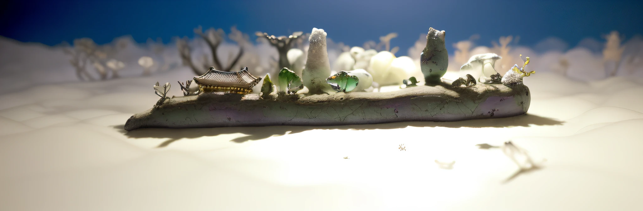 A few 3,000-year-old Asian dwellings, ethereal twisted and weird old plum trees, diorama macro photography, lying in a white cloud wonderland, liquid clouds, emitting spore clouds, surreal water art, badly damaged walls, glowing flower-shaped clouds, slimy reflections