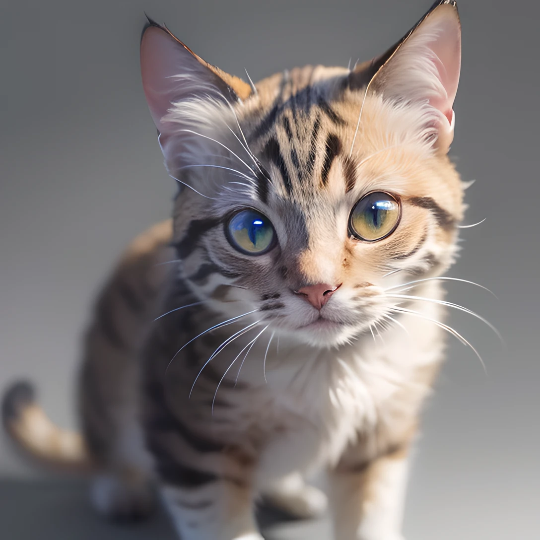 cat, (full body:1.8), masterpiece, best quality, 8k, absurdres, ultra realistic, highres, photography, film grain, chromatic aberration, sharp focus, HDR, facelight, dynamic lighting, cinematic lighting, professional shadow, simple background, (grey background:1.4), highest detailed, extreme detailed, ultra detailed, finely detail, (sharp pupils, realistic pupils:0.6)