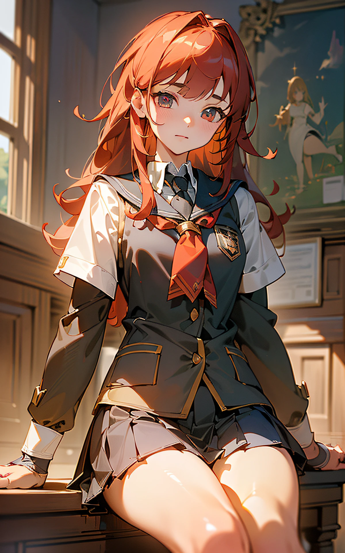 ((unity 16k wallpaper, masterpiece, best quality, ultra-detailed, extremely detailed CG, caustics, detailed, beautiful detailed eyes, 14 years old, dynamic pose、curby)), ultra high-definition, fine skin, (cute: 1.2), (school uniform)、red hair
