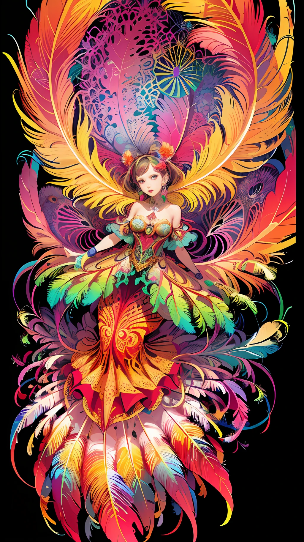 (masterpiece, top quality, best quality, official art, beautiful and aesthetic:1.2), (1girl:1.3), extremely detailed,(fractal art:1.1),(colorful:1.1)(flowers:1.3),highest detailed,(zentangle:1.2), (dynamic pose), (abstract background:1.3), (shiny skin), (many colors:1.4), ,(earrings), (feathers:1.5) , (Flamethrower:1.3),red background,Phoenix dress,