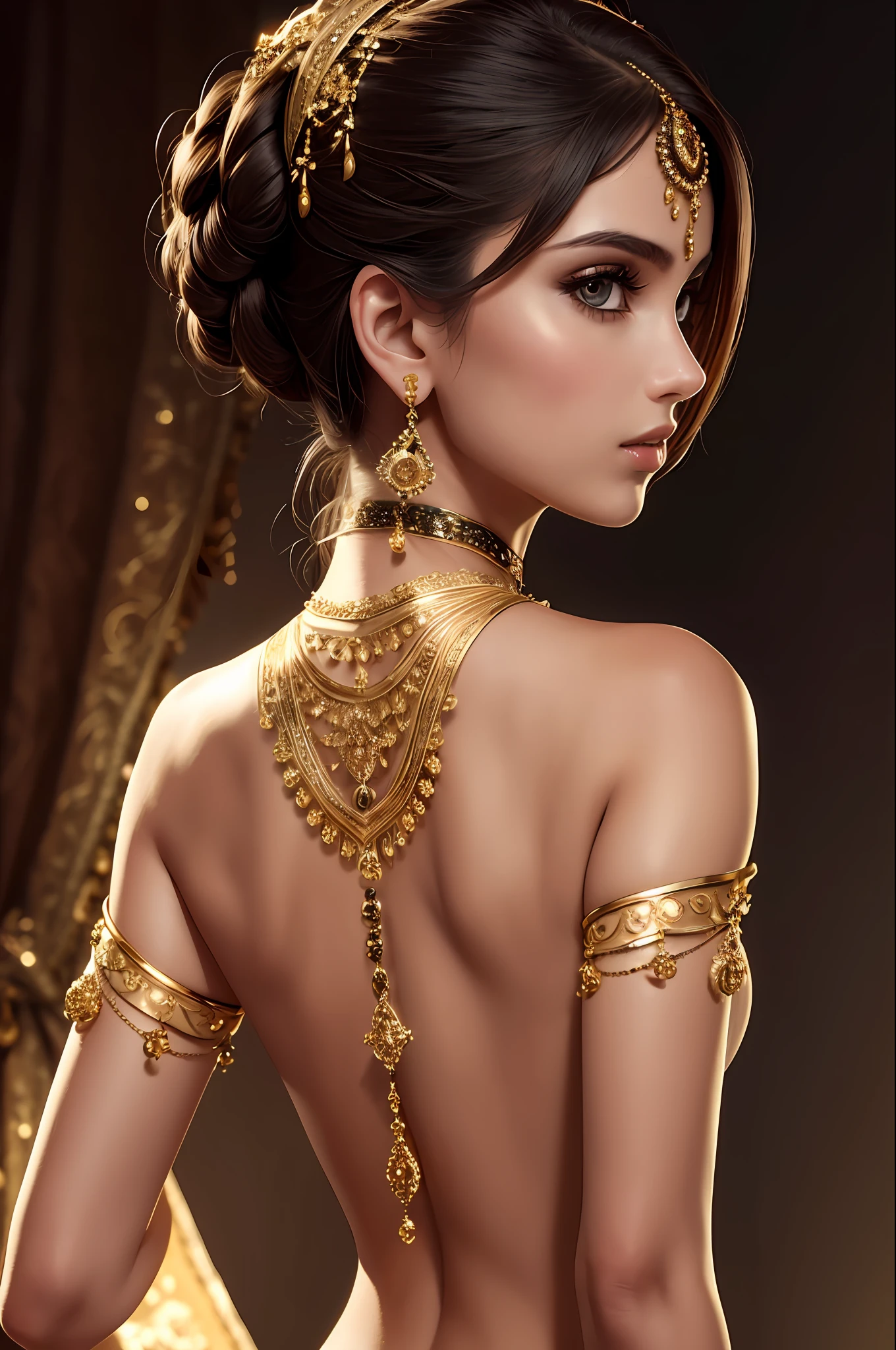 Model girl, face, looking from behind, strict gaze, hd, detailed, black background, golden ornaments on her, white skin, modeling