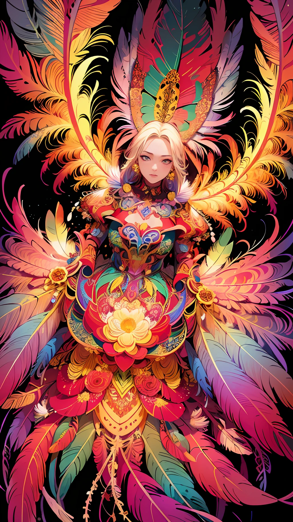 (masterpiece, top quality, best quality, official art, beautiful and aesthetic:1.2), (1girl:1.3), extremely detailed,(fractal art:1.1),(colorful:1.1)(flowers:1.3),highest detailed,(zentangle:1.2), (dynamic pose), (abstract background:1.3), (shiny skin), (many colors:1.4), ,(earrings), (feathers:1.5) , (Flamethrower:1.3),red background,Phoenix dress,