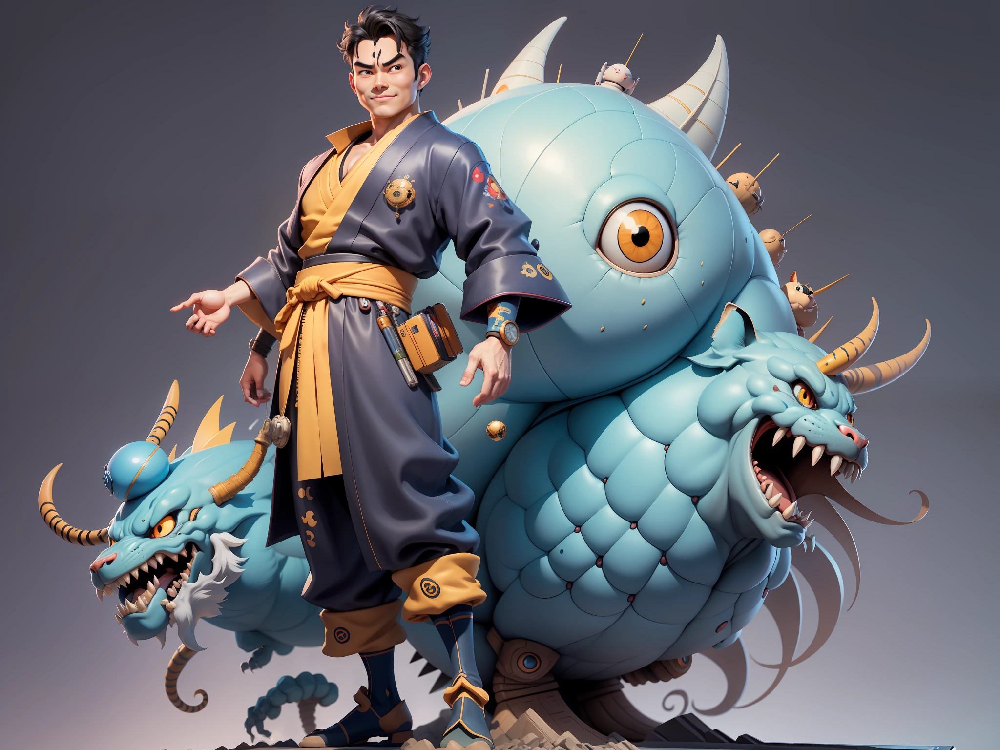 (Masterpiece), (Excellent), (Super Meticulous), (Full Body: 1.2), Super Young Man, Oriental Face, Japanese Kimono, Japanese Wind Thunder God, Dragon, Tiger, TV Anchor, Bust Portrait Illustration, Alone, Black Suit, Blue Tie, Slightly Chubby Face, Very Clean Face, No Beard, Black Super Short Hair, Black Eyes, Confident Smile, 3c Computer Sub-Products, iPad, iPhone, Digital Painting, 3D Character Design by Akira Toriyama and Mark Claireden and Pixar and Hayao Miyazaki, The illustration is a high-definition illustration in 4K resolution with very detailed facial features and cartoon-style visuals.