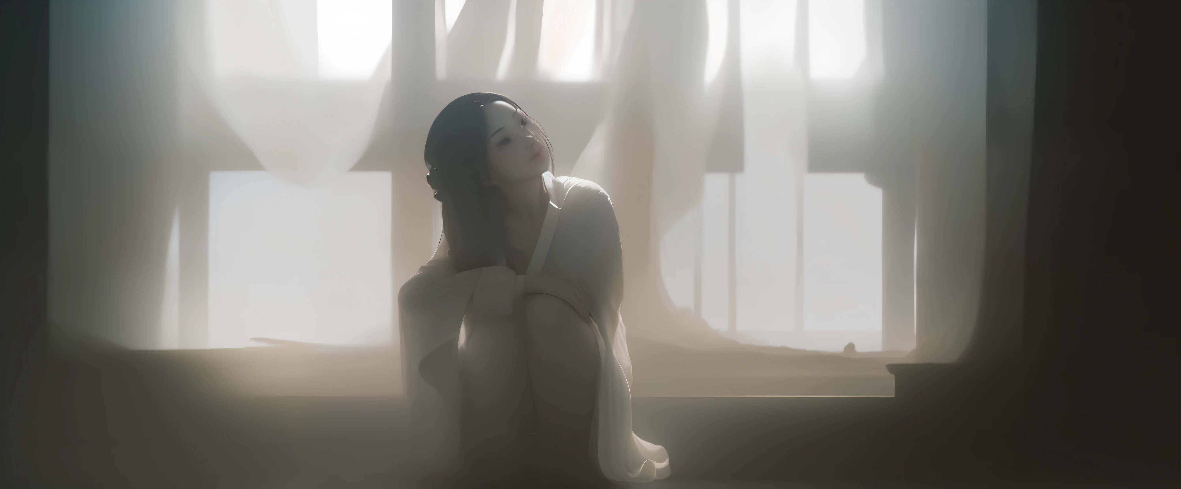 Aquarium world, background is an underwater reef, (((lots of red fish))), seaweed, bubbles, a beam of light, spotlights, ((frontal image, full body framing, looking up, perfect composition)), (a girl, ((looks like Liu Yifei)), Xiaolongnu shape, surrounded by fish, royal sister, wearing a white robe, Hanfu, Chinese style, (posture holding knees, curling abdomen, falling, face close to knees, bare feet, tiptoes off the ground, fine sand on the seabed,) (a thick black long hair, Dark clouds spread upwards, levitating, hair flying upwards))), and the water surface backlit to form a large whirlpool, tall, master works, the best picture quality, exquisite facial features, more details, 8K resolution, unity rendering, cold tones, backlight, illustration, glow, blue eyes clear, lips slightly open, clear expressions, aesthetic romance, beautiful artistic conception,