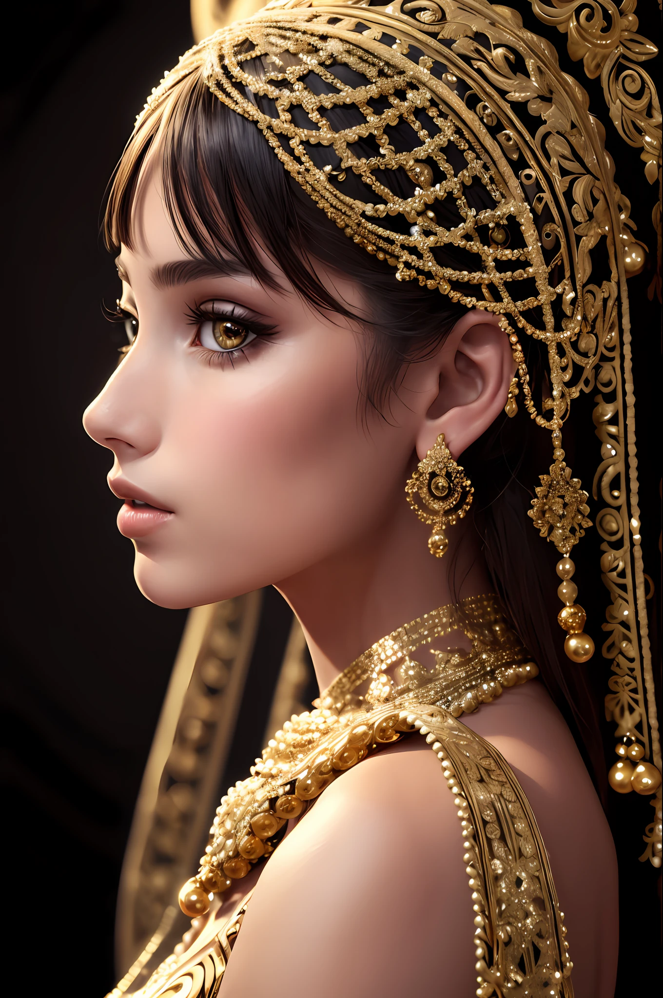 Model girl, face, looking from behind, strict gaze, hd, detailed, black background, golden ornaments on her, white skin, modeling