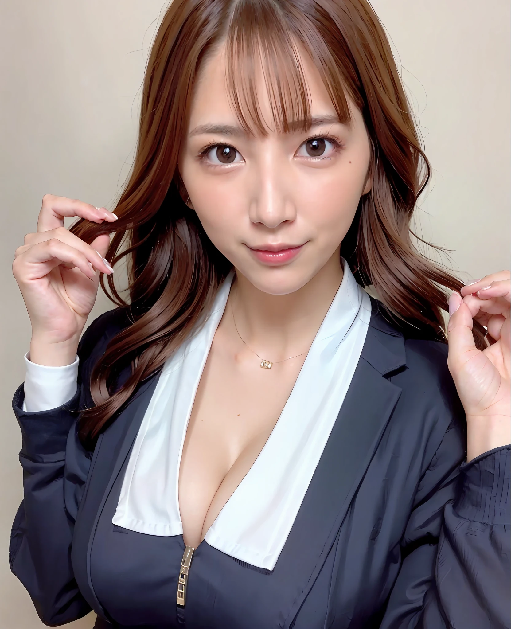 , suit, office lady uniform, top quality, photorealistic, 8k, high definition, (one girl), (female), (small breasts), brunette, mole, smile, (((office lady costume))), ((watch the viewer)), (look at the camera), (professional lighting, bokeh), (office room with many people))), (portetto: 0.6), gorgeous, (dynamic pose: 1.2) 、