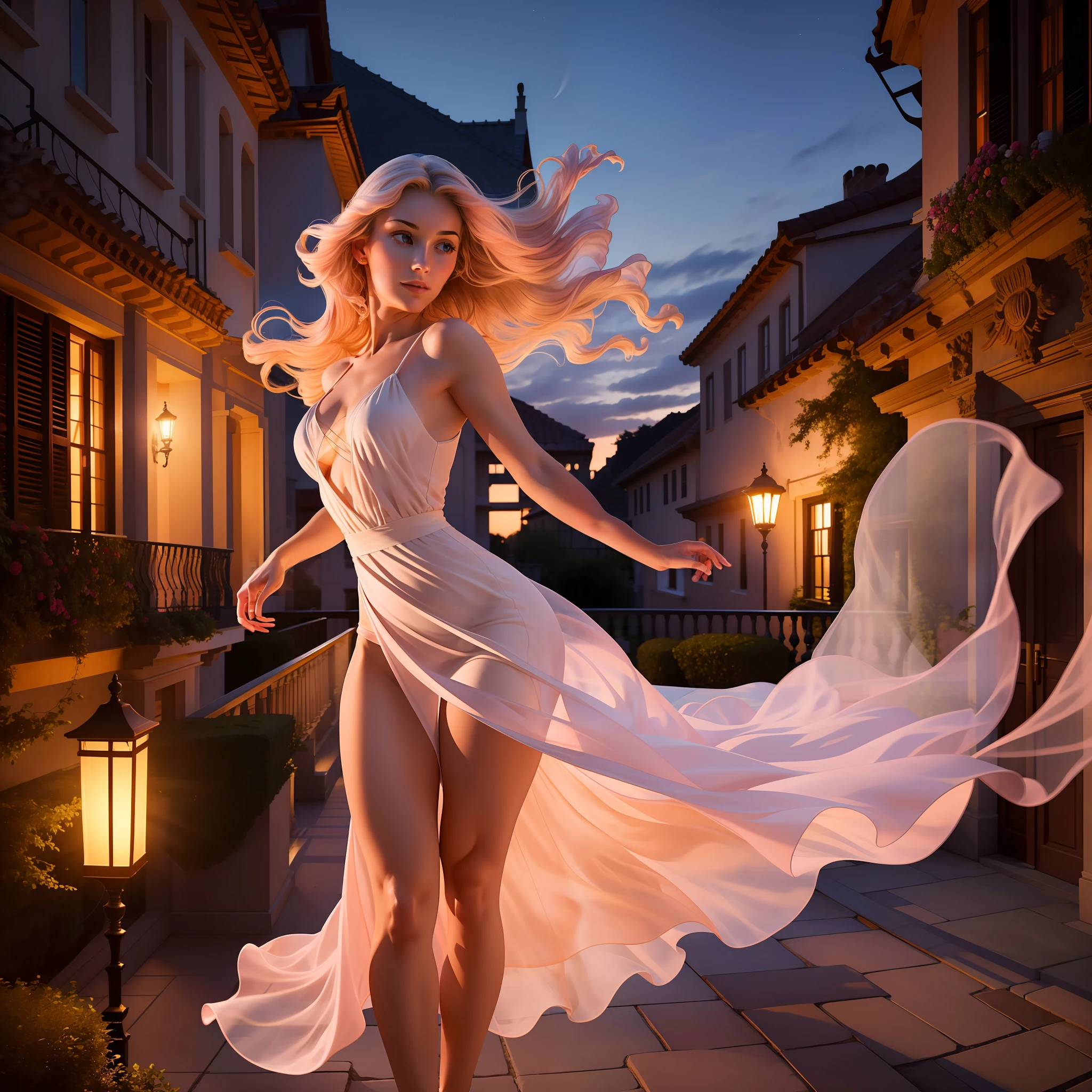 Masterpiece, detailed, high quality, a woman on the balcony of a mansion, fine dress, fine fabric, woman standing still, light pink dress, (seen from the front), large window, running out with the wind, orange lamp in the background, night, full body, hair in the wind, sculptural body, realistic background,