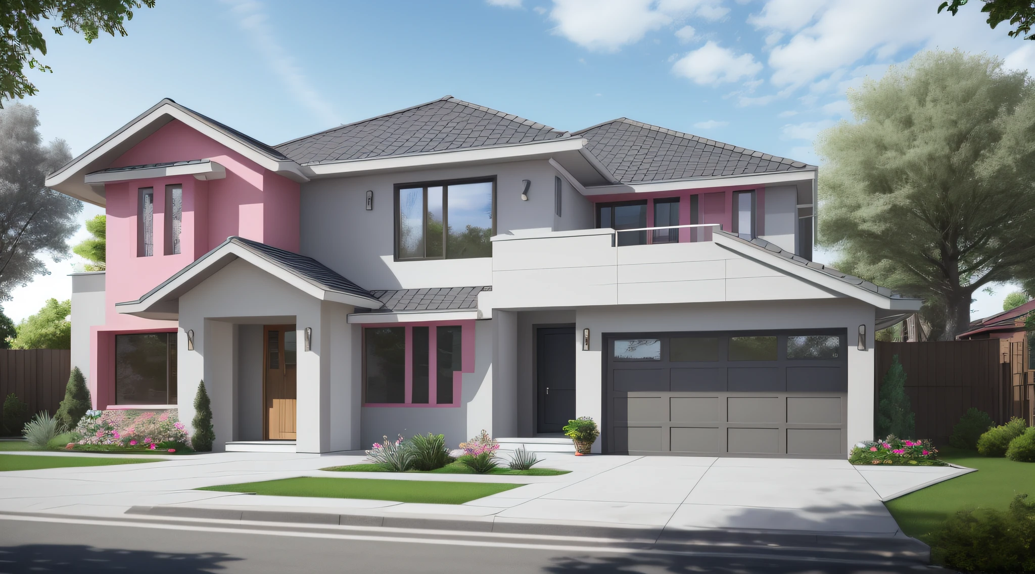 architectural design, modern American style house, colors of the walls in light gray, with details in masonry type gray bricks, two floors, with door in oak wood, large and wide windows, with wooden edges, a flowering garden with white and pink flowers, modern sterna lighting, solar lighting, an external garage with a car model tesla s red in frentre, peaceful city neighborhood background with multiple houses in the background, Realism, ray tracing, jpeg artifacts, reflection light, super detail, high details, 8k, 16k, high quality, best quality