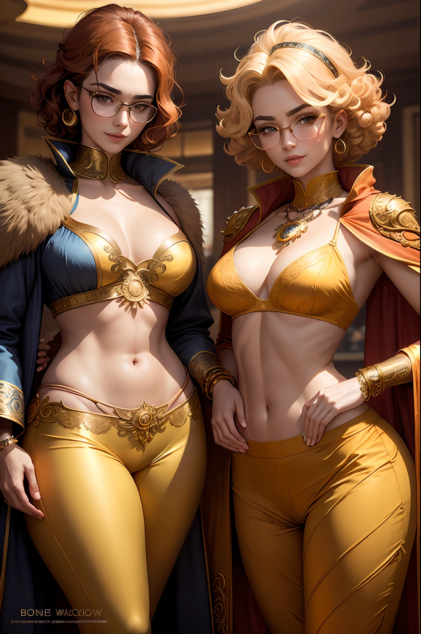 Beautiful woman, round glasses, slim, thin silhouette, short hair voluminous wavy orange spiky curls, square face, (expression with discreet smile), thick eyebrows, blue eyes, shirtless, yellow coat with golden ornaments, bare belly, ornate silk pants, abdomen and pectoral visible