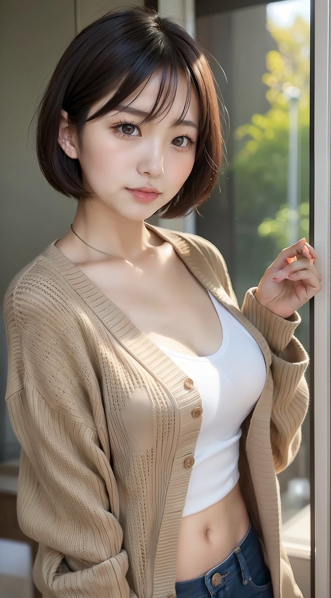Japan girl, girl in her twenties, short hair, dark hair, brown eyes, perfect figure, transparency, luster, luster, modest breasts, casual, cardigan, loose summer sweater, sea, sunlight