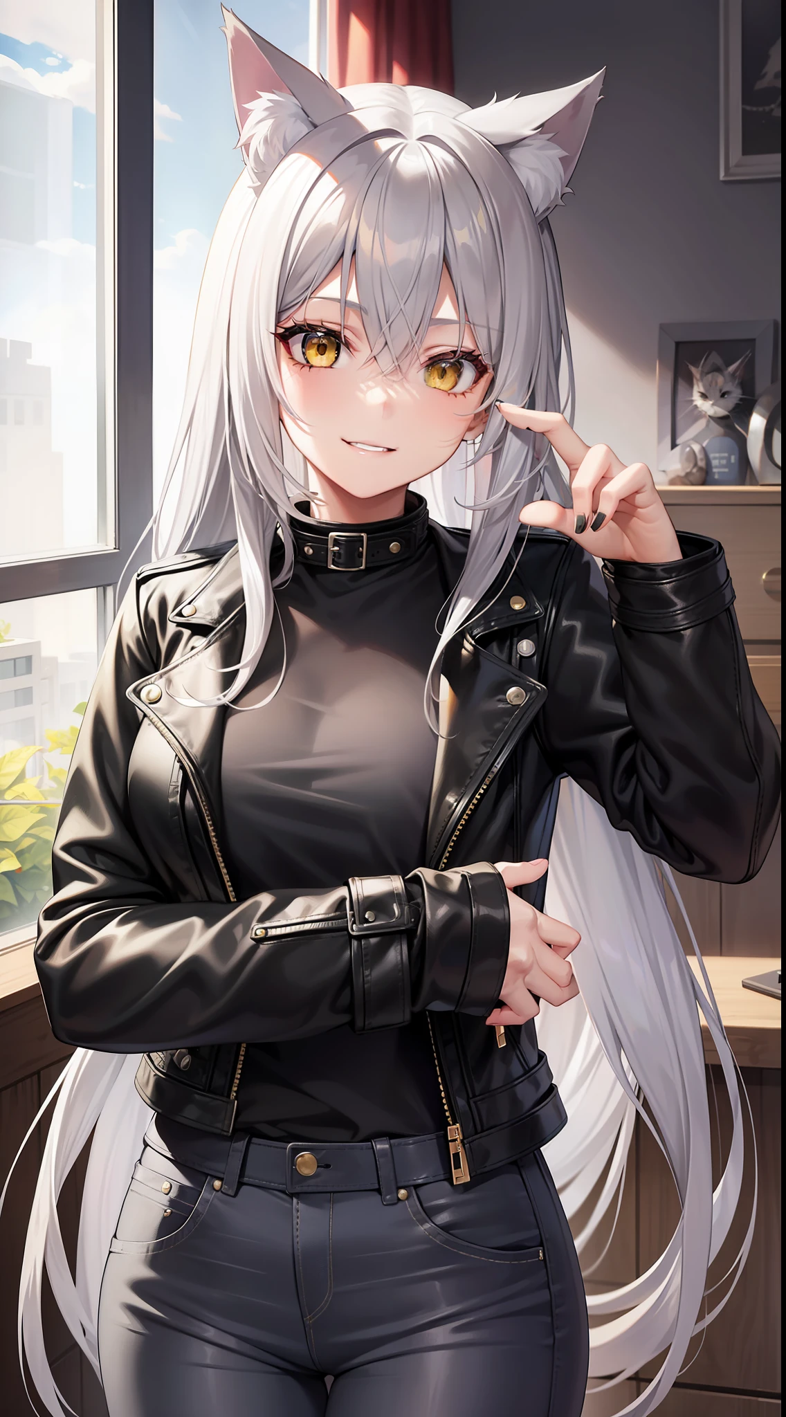 Adult girl, long gray hair, yellow eyes, cat ears, smile, black leather jacket, jeans, masterpiece, high quality