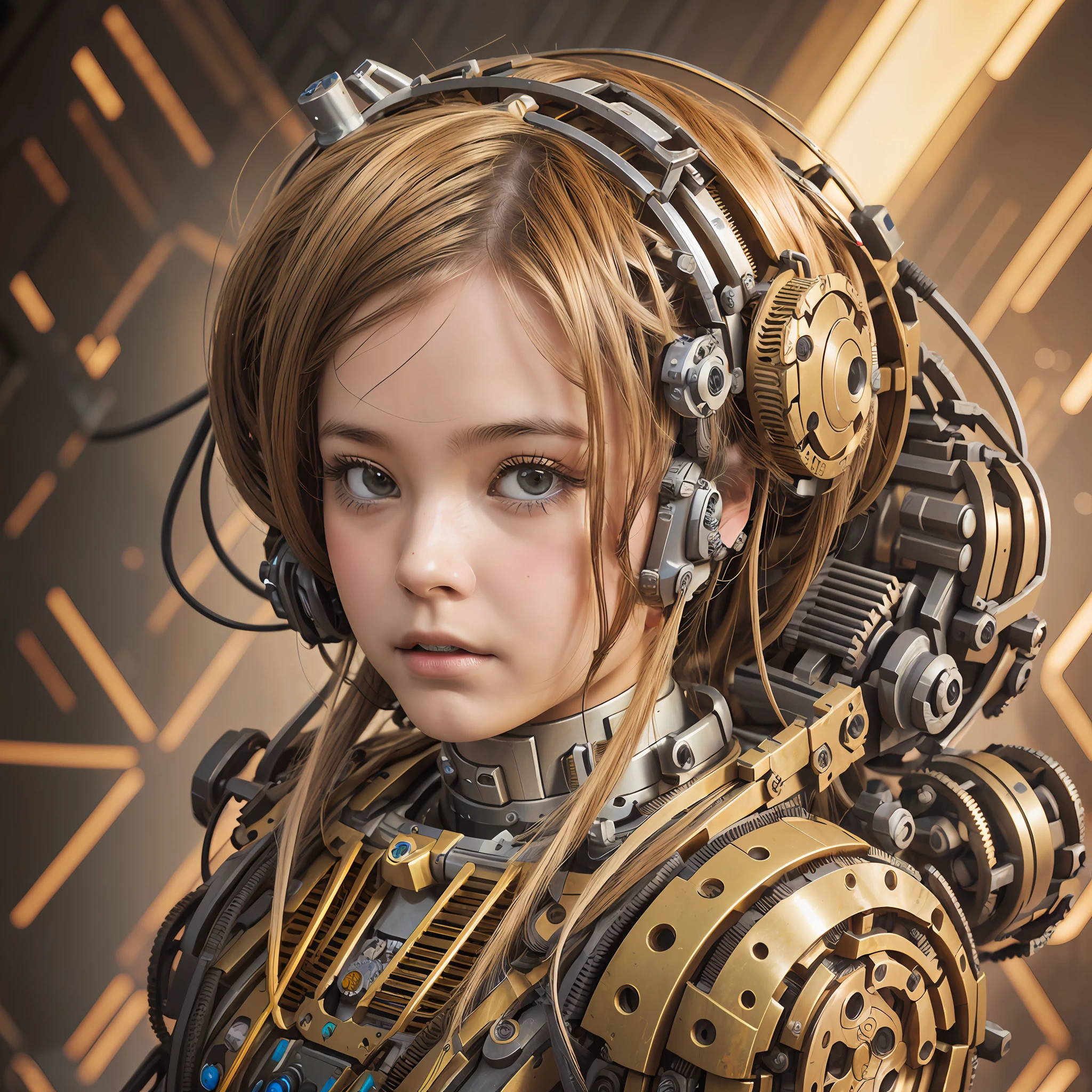 Photo, 1girl, mechanical brain, broken mech, golden mech, messy hair --auto --s2