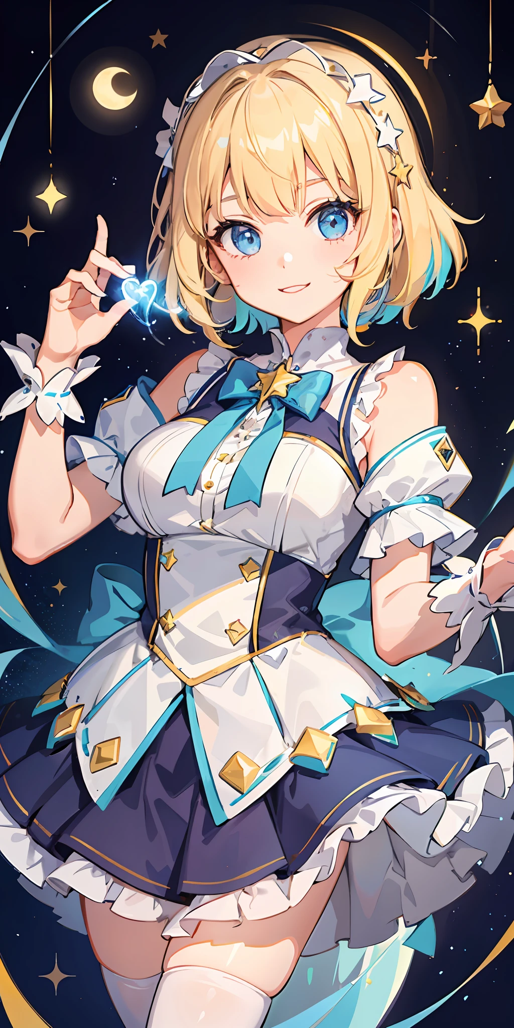 1girl, bright, blonde, light blue eyes, star, moon, heart, short hair, uniform bangs, multicolored hair, princess, saleme, side light, light particles, wallpaper, big, plump, idol, idol costume, cute outfit, fabulous outfit, dress, loose, fluffy, smile, gentle, clear,
