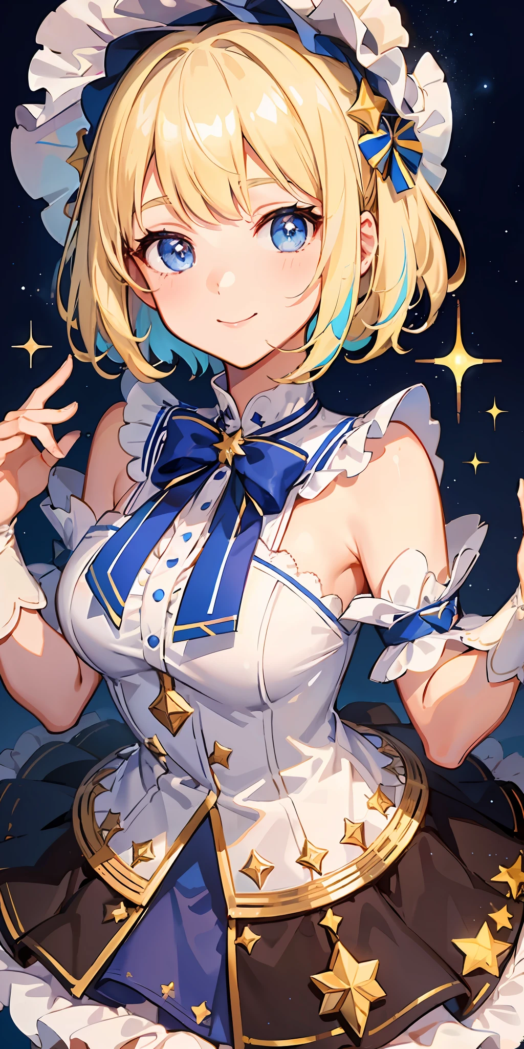 1girl, bright, blonde, light blue eyes, star, moon, heart, short hair, uniform bangs, multicolored hair, princess, saleme, side light, light particles, wallpaper, big, plump, idol, idol costume, cute outfit, fabulous outfit, dress, loose, fluffy, smile, gentle, clear, 