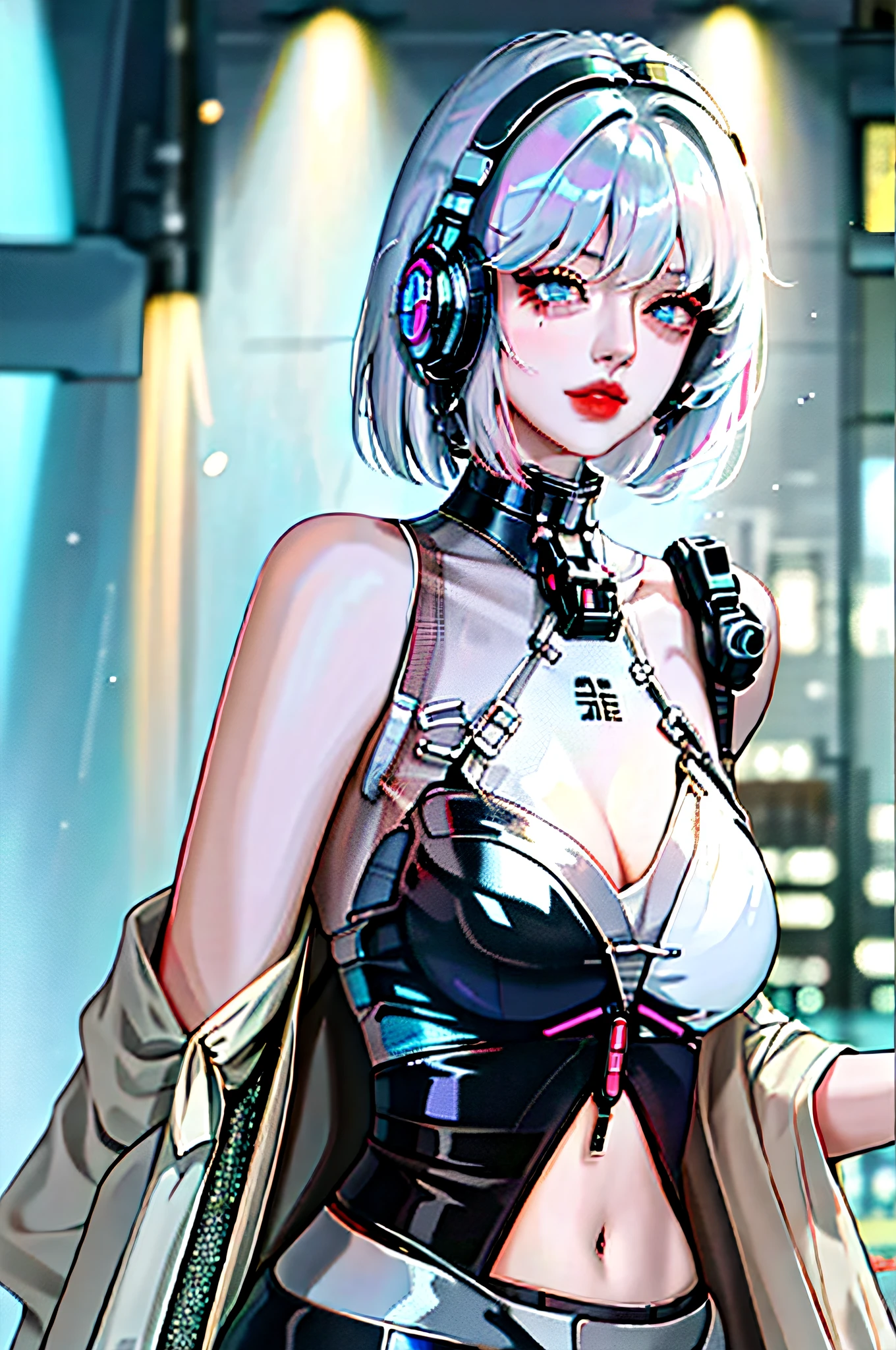 Tao Yunlong, bangs, white hair, blue eyes, bob cut, short hair, cleavage, collarbone, open coat, mecha, cyberpunk, neon, big breasts, shiny skin, rain, water drops, badass, seductive, ghost in the shell, red lips, side vision, shut up, headphones, movie lights