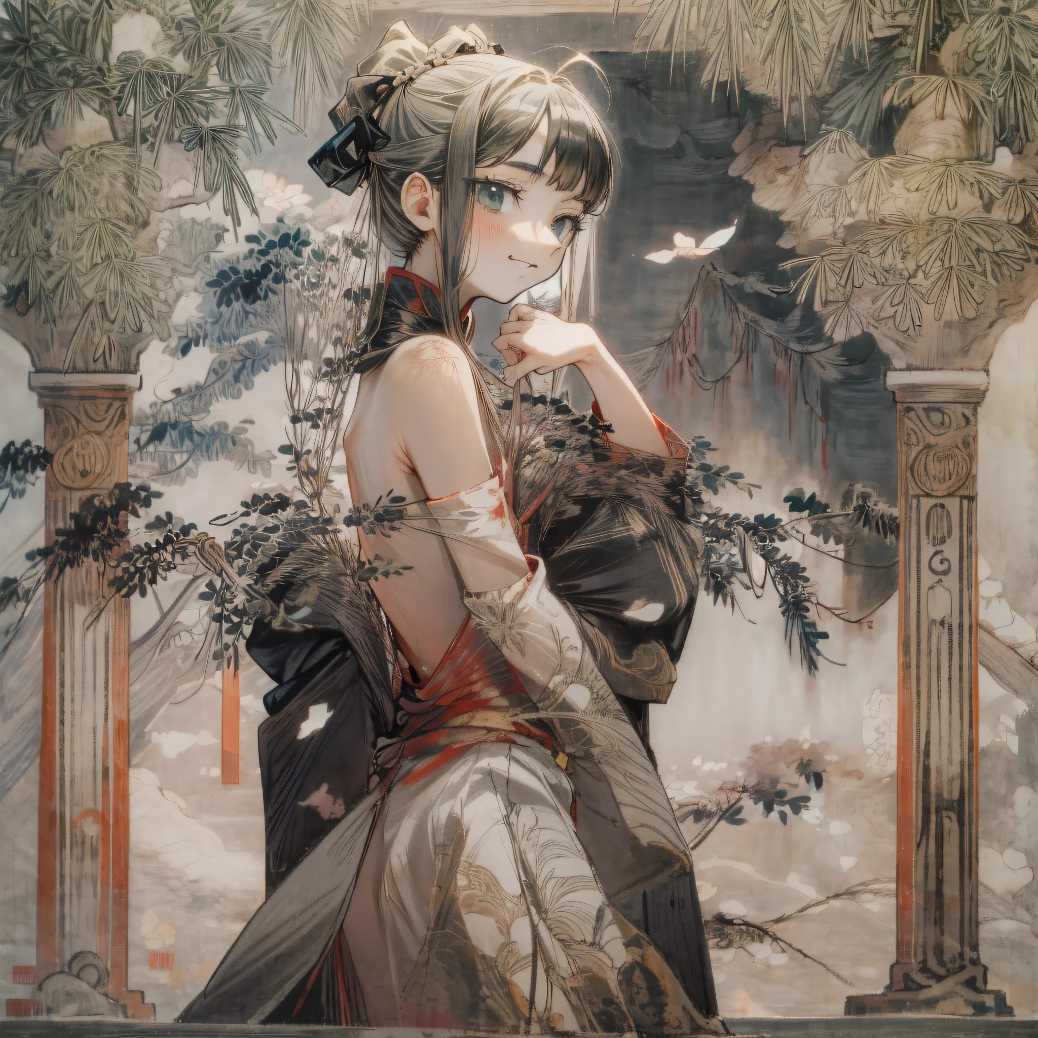 Anime, girl, black long straight, naked back, evil smile, blood-stained sword, ancient Chinese style, white clothes, falling flowers
