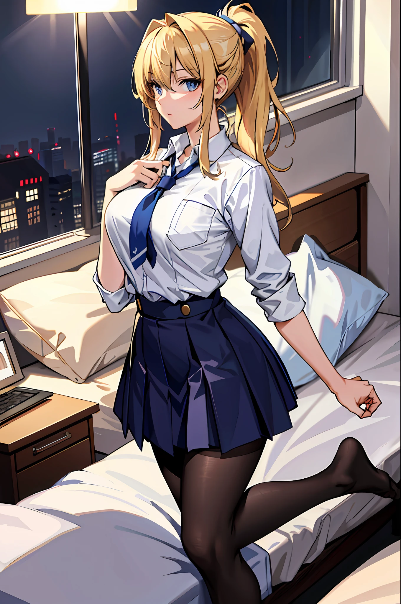 (Masterpiece: 1.2, Best Quality), 1 Lady, Solo, School Uniform, Bedroom, Night, Blonde, Big Tits, Ponytail, Blue Eyes, Open Collabora Bone, Gal, Open Chest, Tights