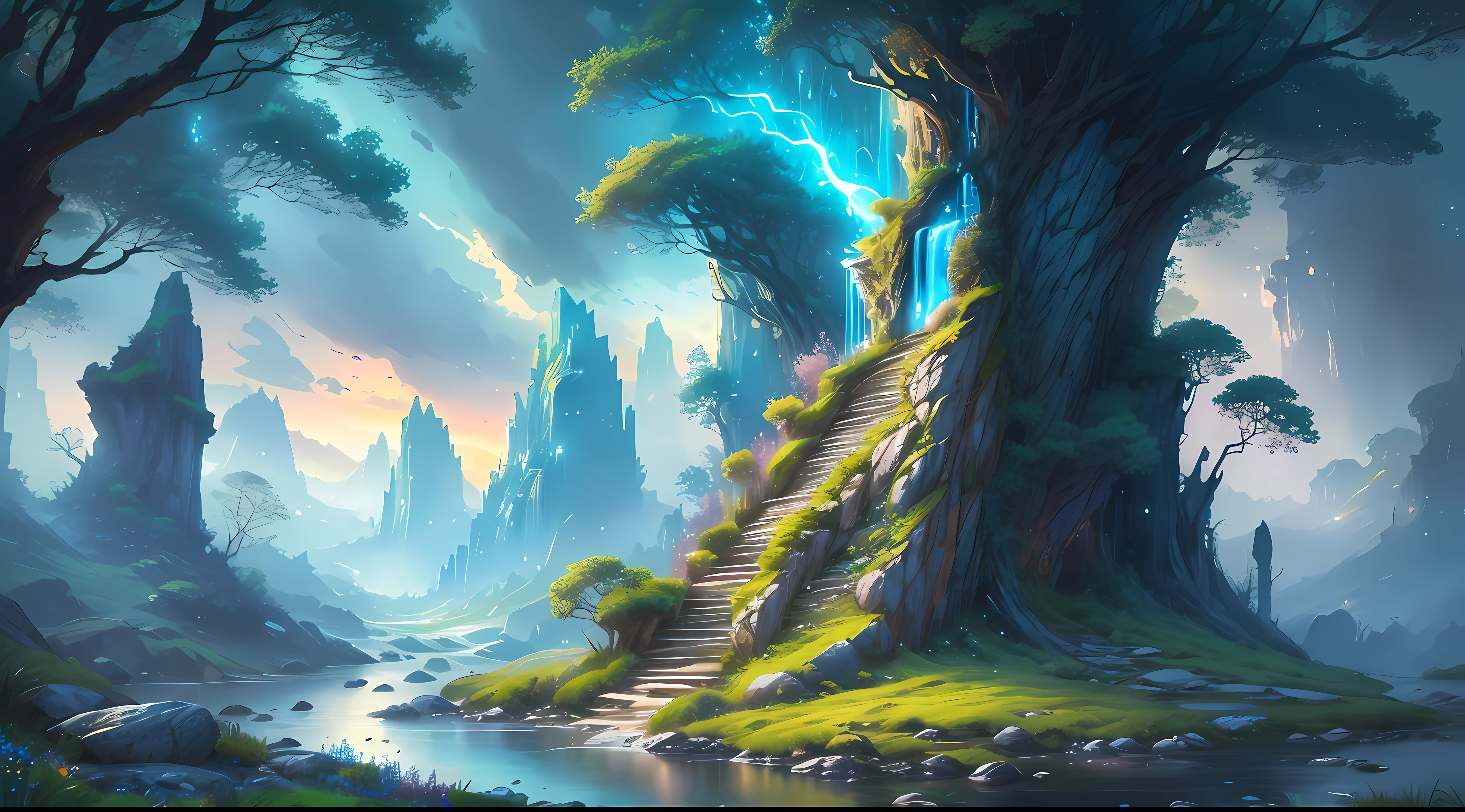 Generate a breathtaking and visually stunning illustration of a wild and natural fantasy landscape. The scene should exude a sense of awe and wonder, with vibrant colors and intricate details. The landscape should be filled with lush vegetation, towering mountains, and flowing rivers. Add elements of fantasy, such as magical creatures or ethereal beings, to enhance the otherworldly atmosphere.
To achieve the best quality and create a masterpiece, pay careful attention to the lighting in the illustration. Use glowing lights strategically placed throughout the landscape to create a mesmerizing and enchanting effect. These lights should cast a soft, warm glow, illuminating the surroundings and adding depth to the scene. The overall composition should be balanced and visually captivating, drawing the viewer's attention to the beauty of the landscape.
Ensure that the illustration showcases a high level of detail, from intricate foliage and rock formations to the subtle textures of the environment. The colors should be vibrant and rich, evoking a sense of natural beauty. The image should have a sense of depth, with elements in the foreground, middle ground, and background creating a realistic and immersive experience.
Strive for a harmonious blend of realism and fantasy, where the natural elements seamlessly merge with the magical elements. The final result should be a stunning and captivating artwork that portrays the beauty of a wild and natural fantasy landscape with glowing lights.
Please note that the specific outcome may vary depending on the model and platform you are using. Now, you can use this prompt to generate the illustration with the highest possible quality and create a masterpiece that showcases a beautiful, wild, and natural fantasy landscape with glowing lights.