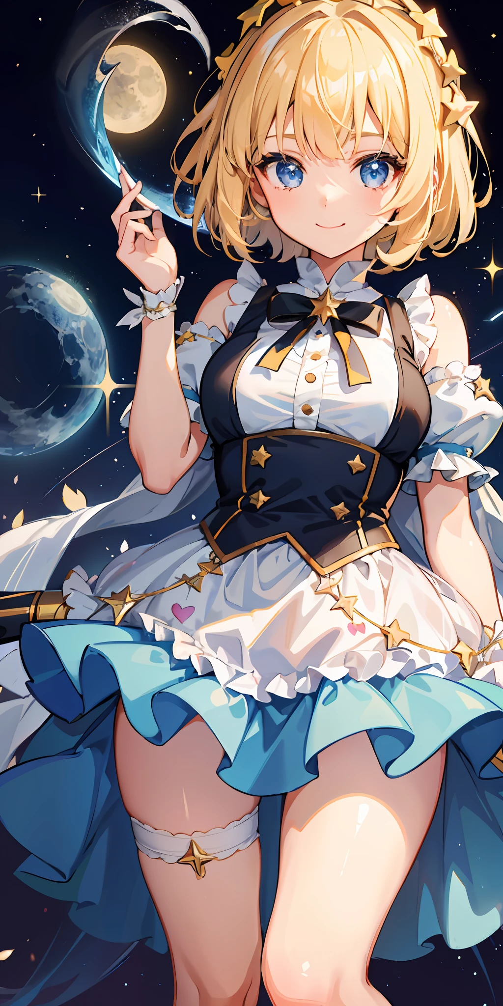 1girl, bright, blonde, light blue eyes, star, moon, heart, short hair, uniform bangs, multicolored hair, princess, saleme, side light, light particles, wallpaper, big, plump, idol, idol costume, cute outfit, fabulous outfit, dress, loose, fluffy, smile, gentle, clear,