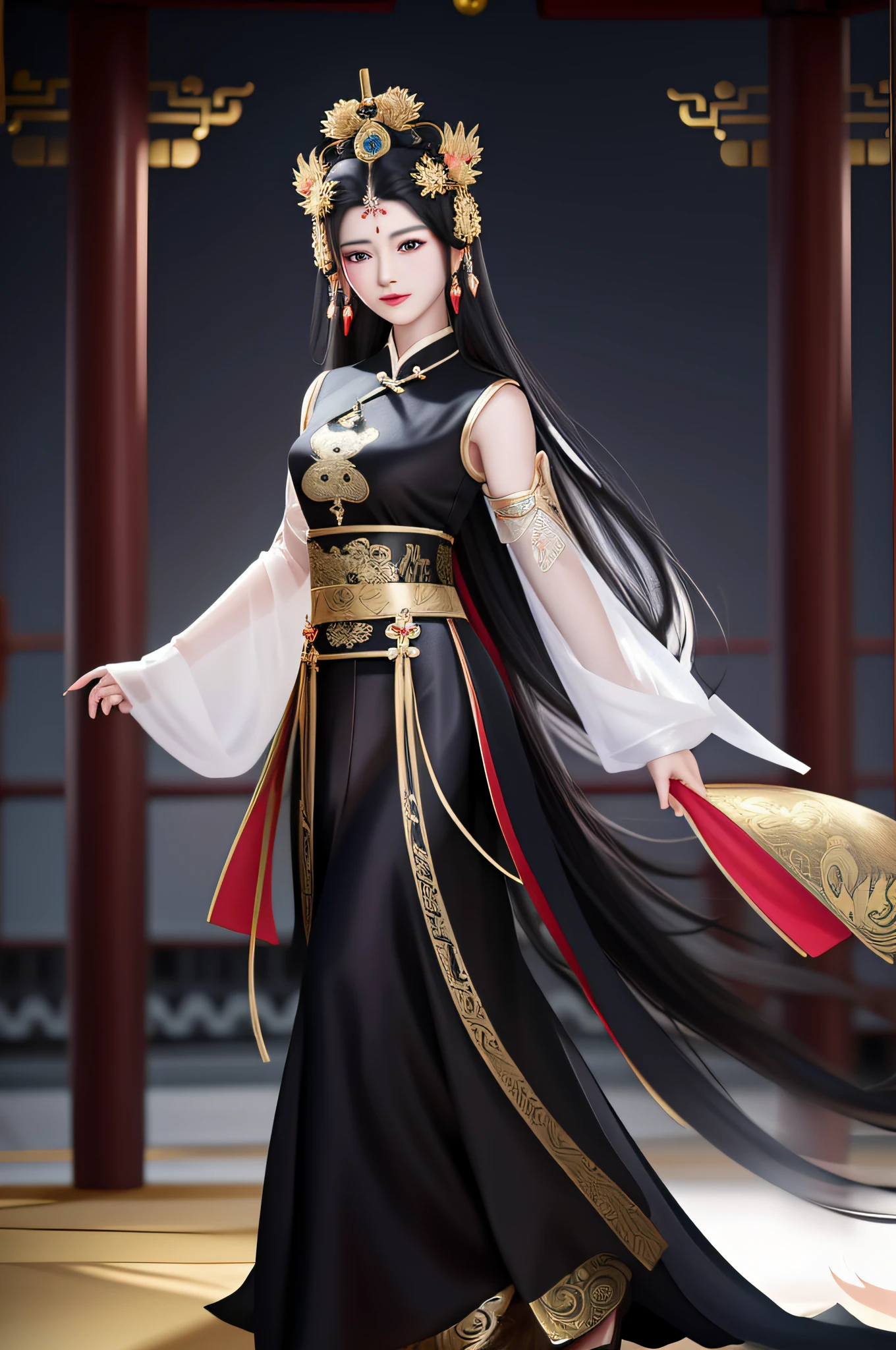 arafed asian woman in a black dress posing for a picture, chinese costume, full body xianxia, inspired by Pu Hua, inspired by Wu Bin, inspired by Lan Ying, cheongsam, by Yang J, anime girl cosplay, inspired by Wang Meng, inspired by Gong Xian, chinese style, ornate cosplay, chinese girl, trending at cgstation