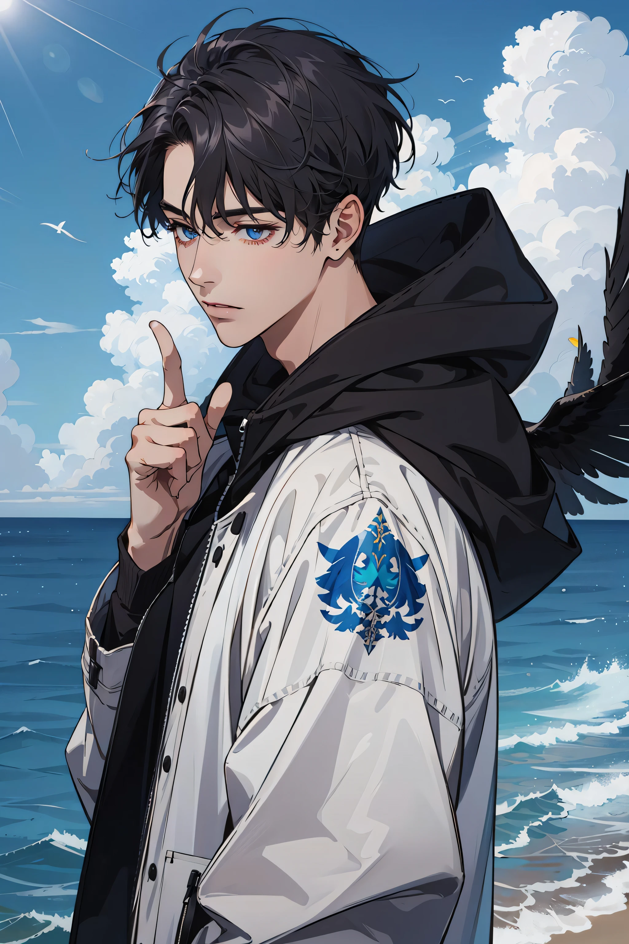 (absurdres, highres, ultra detailed), 1boy, handsome, very short hair, complex pattern, detailed face, best ratio four finger and one thumb, upper body, casual clothes, oversized hood, ocean background, many birds, blue sky full of extremely brilliant clouds, sparkling horizon, glittering debris