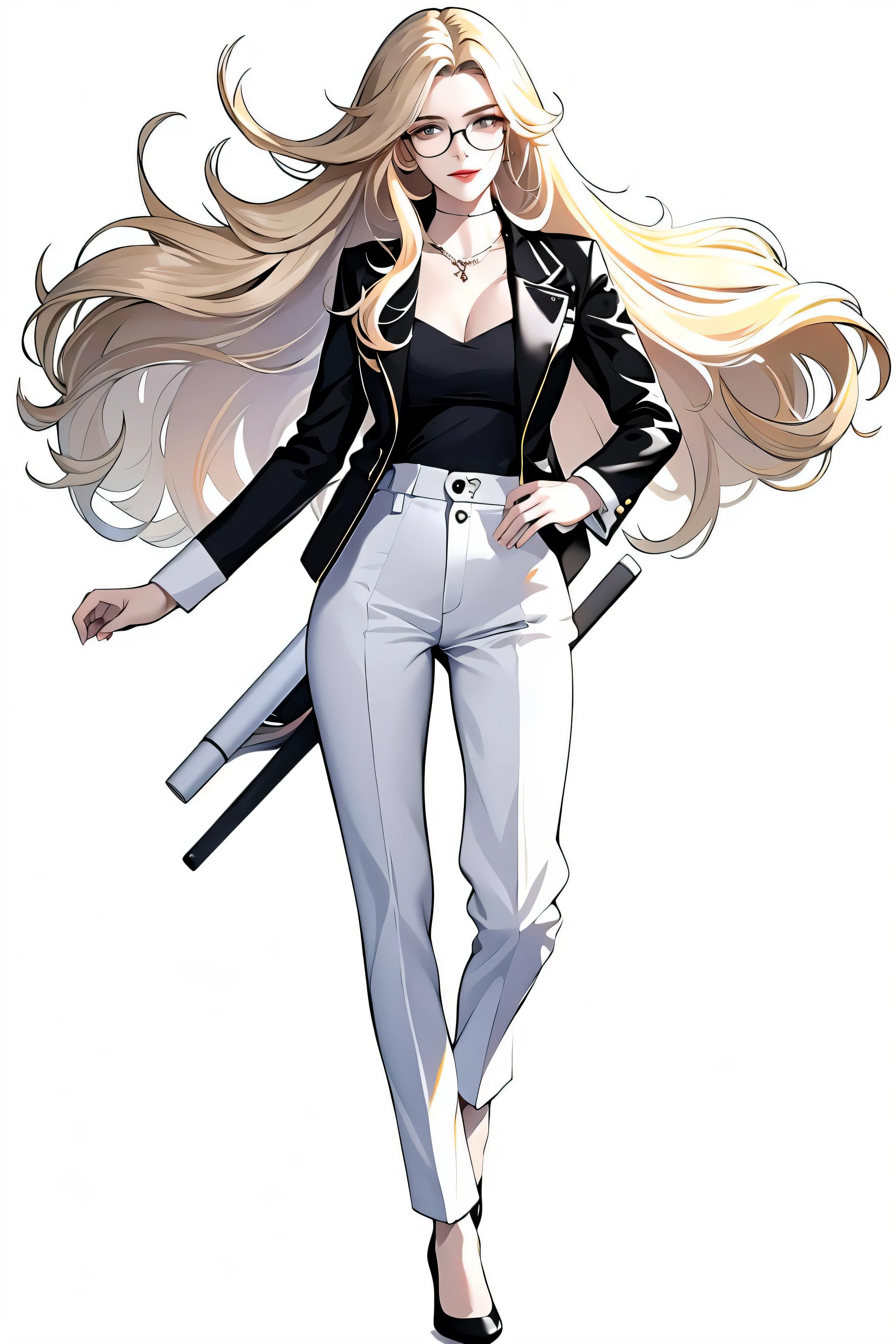 masterpiece, best quality, ((pure white background)), standing, wearing glasses, long curly hair, cold face, full body, gray casual suit pants, High heel, ((white tube top)), black jacket, (Fashionable clothing:1.3), happy, light effect, soft, super clear, high-definition picture, (front)