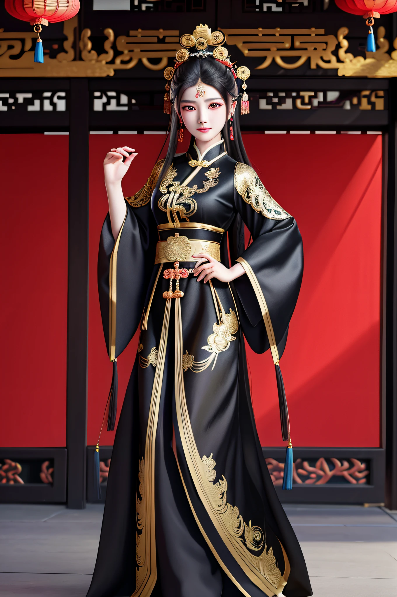 arafed asian woman in a black dress posing for a picture, chinese costume, full body xianxia, inspired by Pu Hua, inspired by Wu Bin, inspired by Lan Ying, cheongsam, by Yang J, anime girl cosplay, inspired by Wang Meng, inspired by Gong Xian, chinese style, ornate cosplay, chinese girl, trending at cgstation