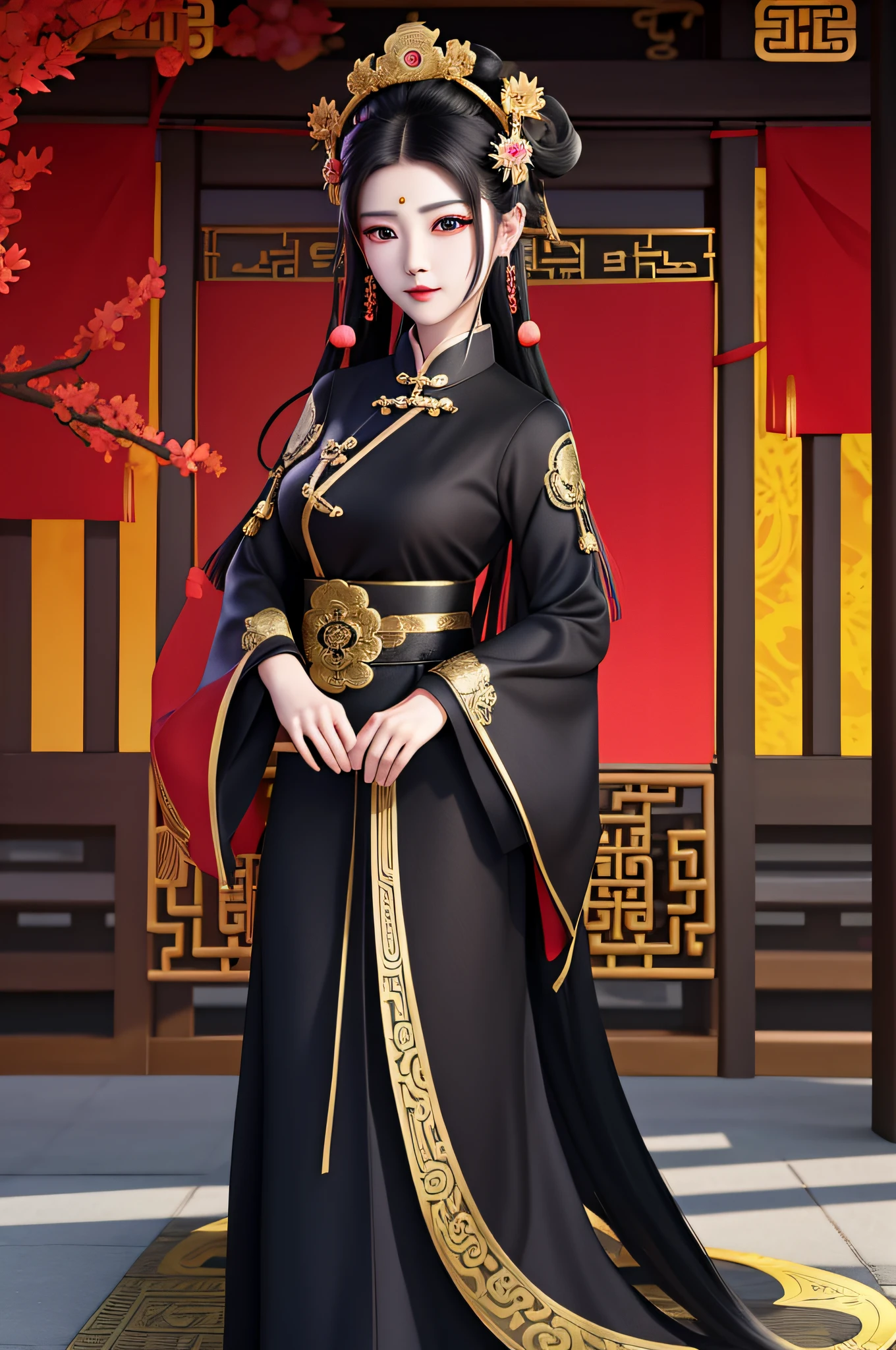 arafed asian woman in a black dress posing for a picture, chinese costume, full body xianxia, inspired by Pu Hua, inspired by Wu Bin, inspired by Lan Ying, cheongsam, by Yang J, anime girl cosplay, inspired by Wang Meng, inspired by Gong Xian, chinese style, ornate cosplay, chinese girl, trending at cgstation
