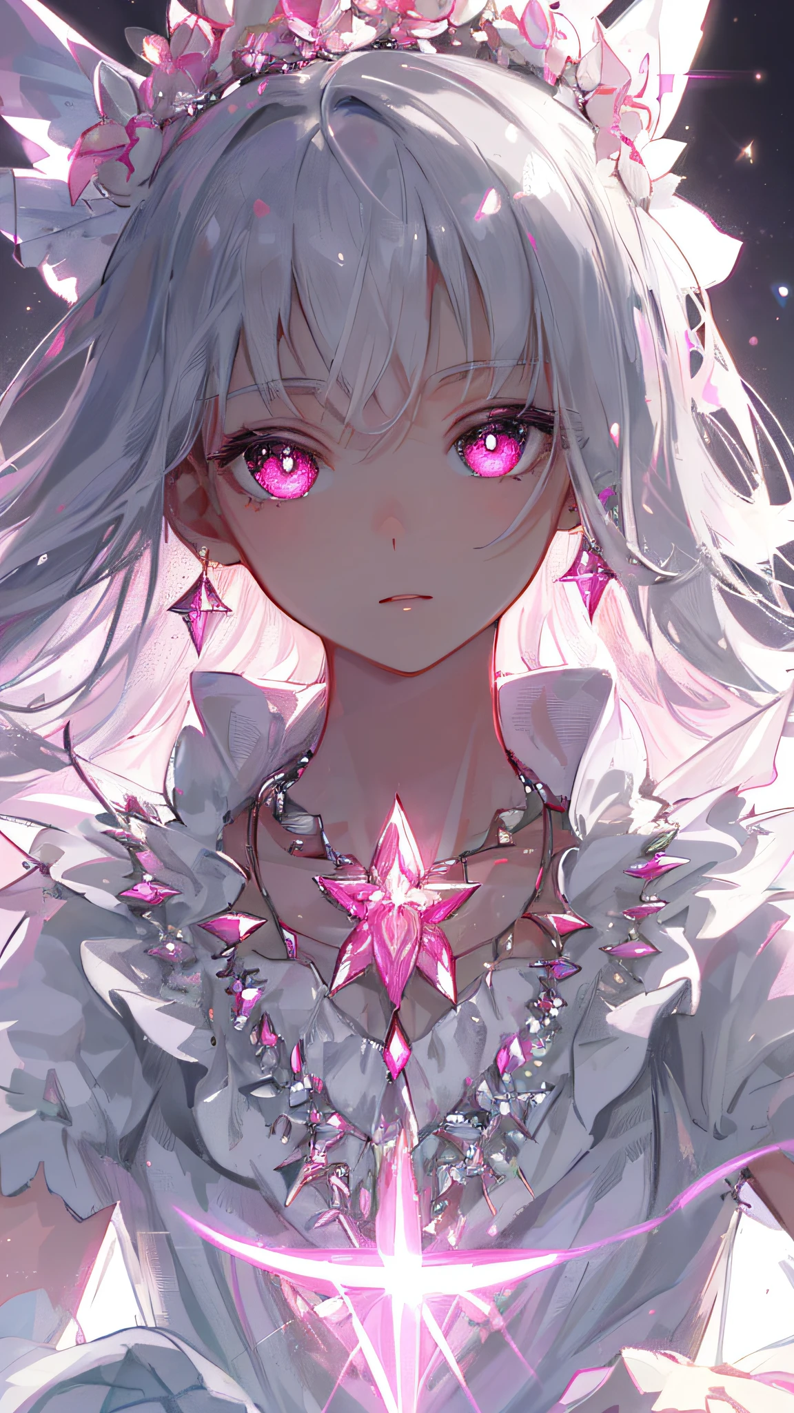 masterpiece, best quality, illustration, flashy pink, platinum earrings, platinum necklace, white dress, 1girl, cute, (dynamic lighting:1.2), cinematic lighting, delicate facial features, detailed eyes, sharp pupils, realistic pupils, depth of field, bokeh, sharp focus, (hyper-detailed, bloom, glow:1.4), many small gems