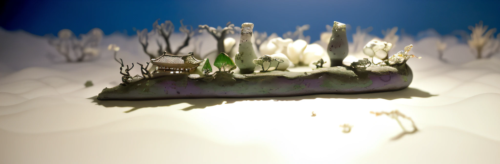 A few 3,000-year-old Asian dwellings, ethereal twisted and weird old plum trees, diorama macro photography, lying in a white cloud wonderland, liquid clouds, emitting spore clouds, surreal water art, badly damaged walls, glowing flower-shaped clouds, slimy reflections