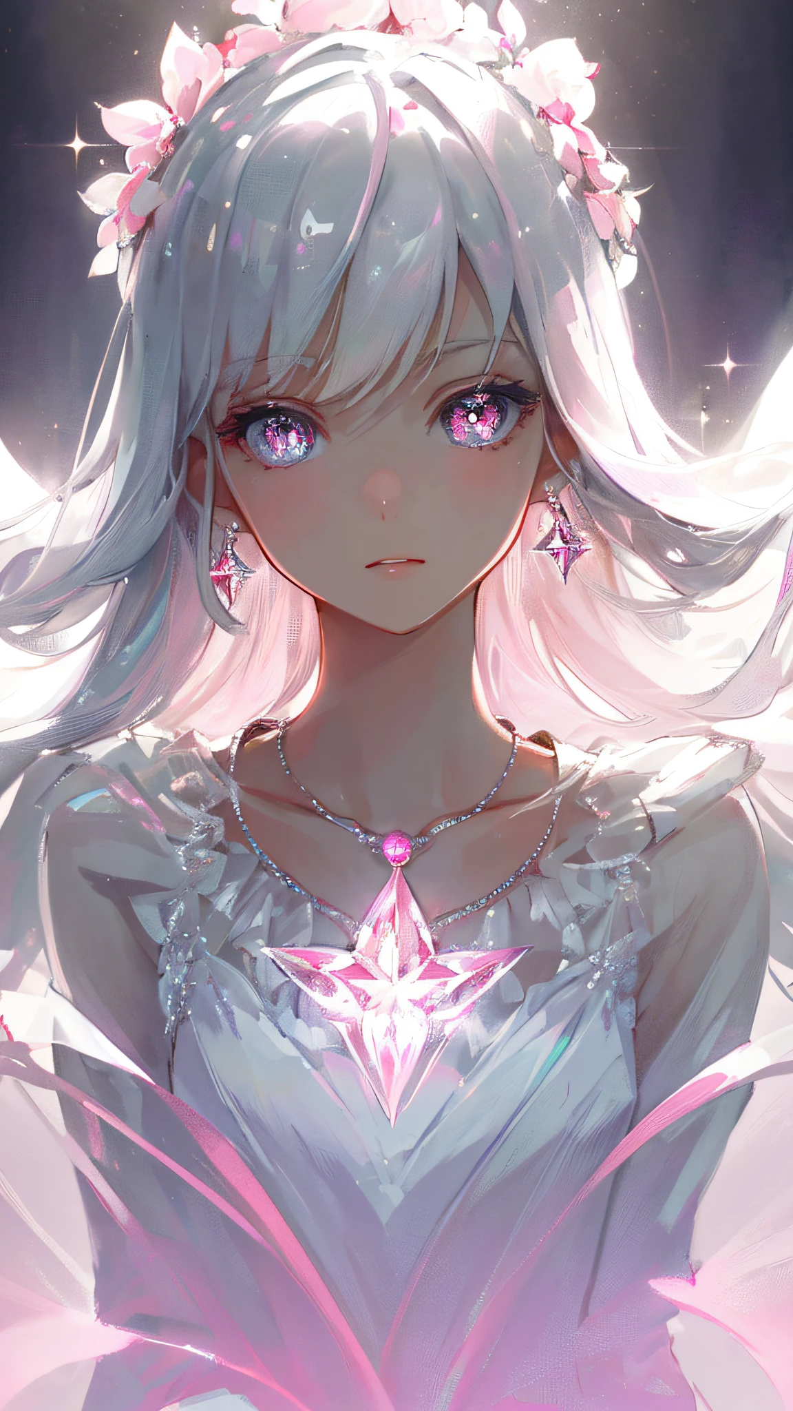 masterpiece, best quality, illustration, flashy pink, platinum earrings, platinum necklace, white dress, 1girl, cute, (dynamic lighting:1.2), cinematic lighting, delicate facial features, detailed eyes, sharp pupils, realistic pupils, depth of field, bokeh, sharp focus, (hyper-detailed, bloom, glow:1.4), many small gems