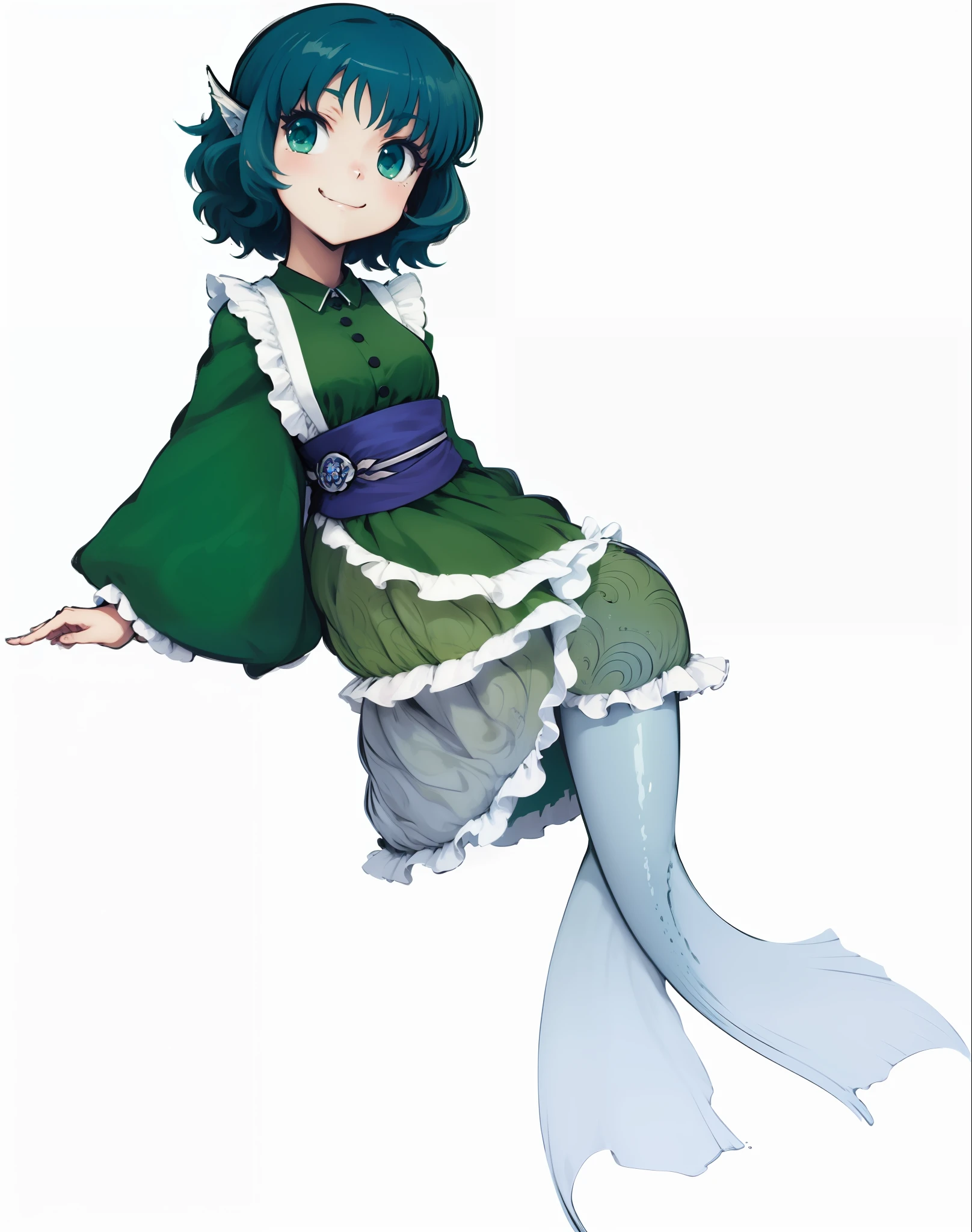 masterpiece, best quality, flat color, limited palette, low contrast, sharp_edges, MHXA, green_dress, ((upper body))), Wakasagihime, mermaid, happy, smiling, female, cute, blue_hair, curly_hair, sharp_teeth, blue_eyes, fin_ears, water_background, ((fish))