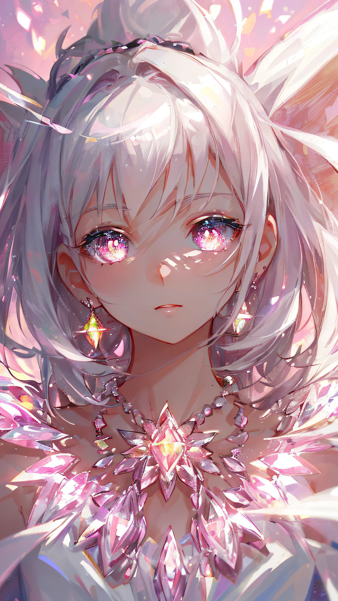 masterpiece, best quality, illustration, flashy pink, platinum earrings, platinum necklace, white dress, 1girl, cute, (dynamic lighting:1.2), cinematic lighting, delicate facial features, detailed eyes, sharp pupils, realistic pupils, depth of field, bokeh, sharp focus, (hyper-detailed, bloom, glow:1.4), many small gems