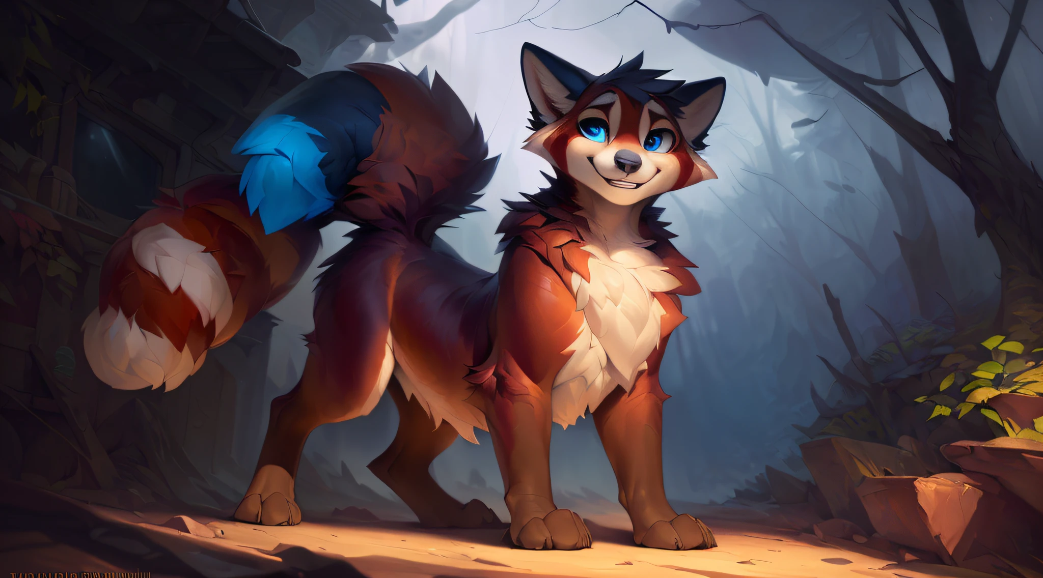 uploaded the e621, by Pixelsketcher, by Bayard Wu, by Thomas Benjamin Kennington , by Einshelm, solo (((wild))), red panda ((taur)) with (fluffy tail) and ((light navy blue eyes)), male, male, ((only)) male, ((male only)), ((voluminous chest)), ((fluffy neck)), ((portrait)), (detailed Bonifasko lighting), (detailed skin), (cinematic lighting), (detailed background)), [twilight ray], [detailed ambient light], [ambient light on belly],  (increased wildlife wildlife detail), [explicit content], [Sharp focus], (questionable content), artistic genitalia, (shading), fluffy tail, tail up, fluffy tail, ((masterpiece)), (detailed skin), ((detailed skin), ((seductive smile)), dynamic pose, ((seductive pose))