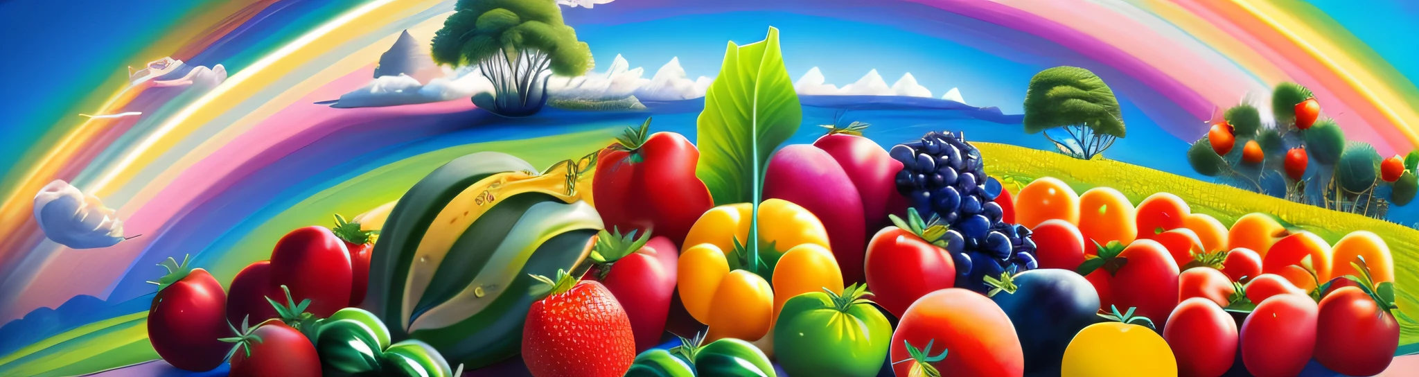 Painting of various vegetables on the mountain, rainbow, grape red beauty, strawberries, peanuts, peaches in the background