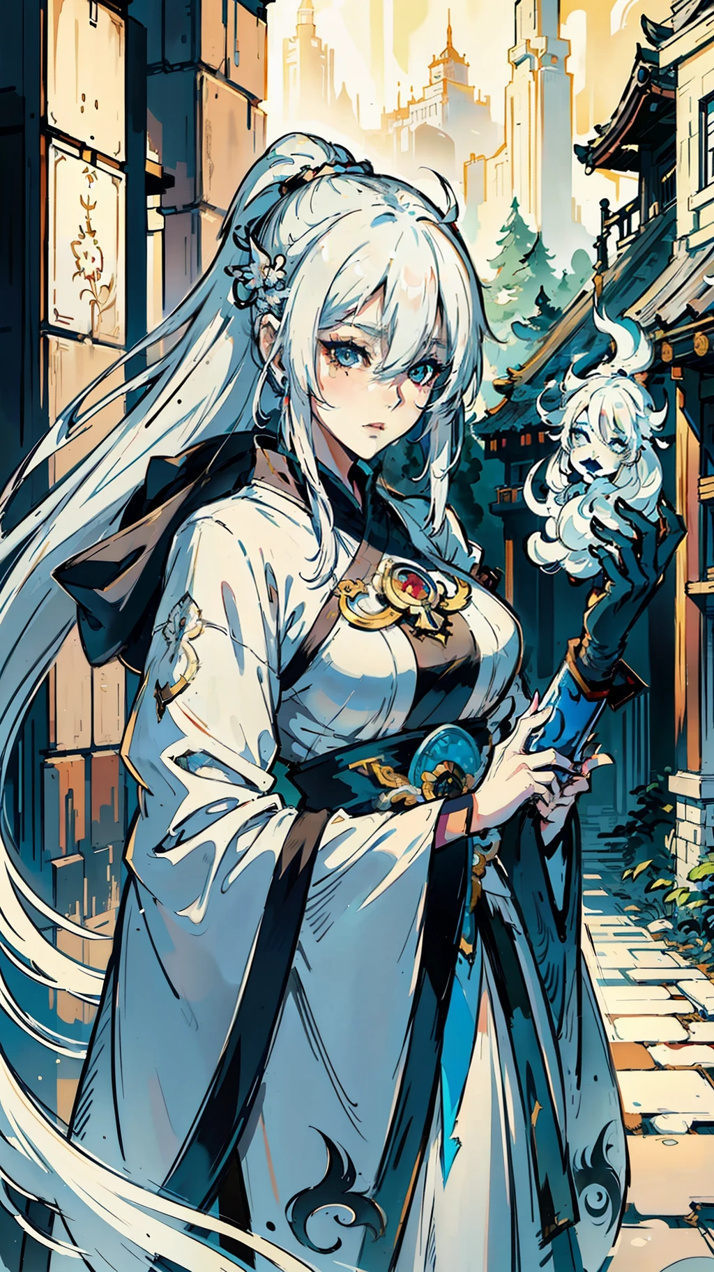 a close up of a woman with white hair and a white mask, beautiful character painting, guweiz, artwork in the style of guweiz, white haired deity, by Yang J, epic exquisite character art, stunning character art, by Fan Qi, by Wuzhun Shifan, guweiz on pixiv artstation