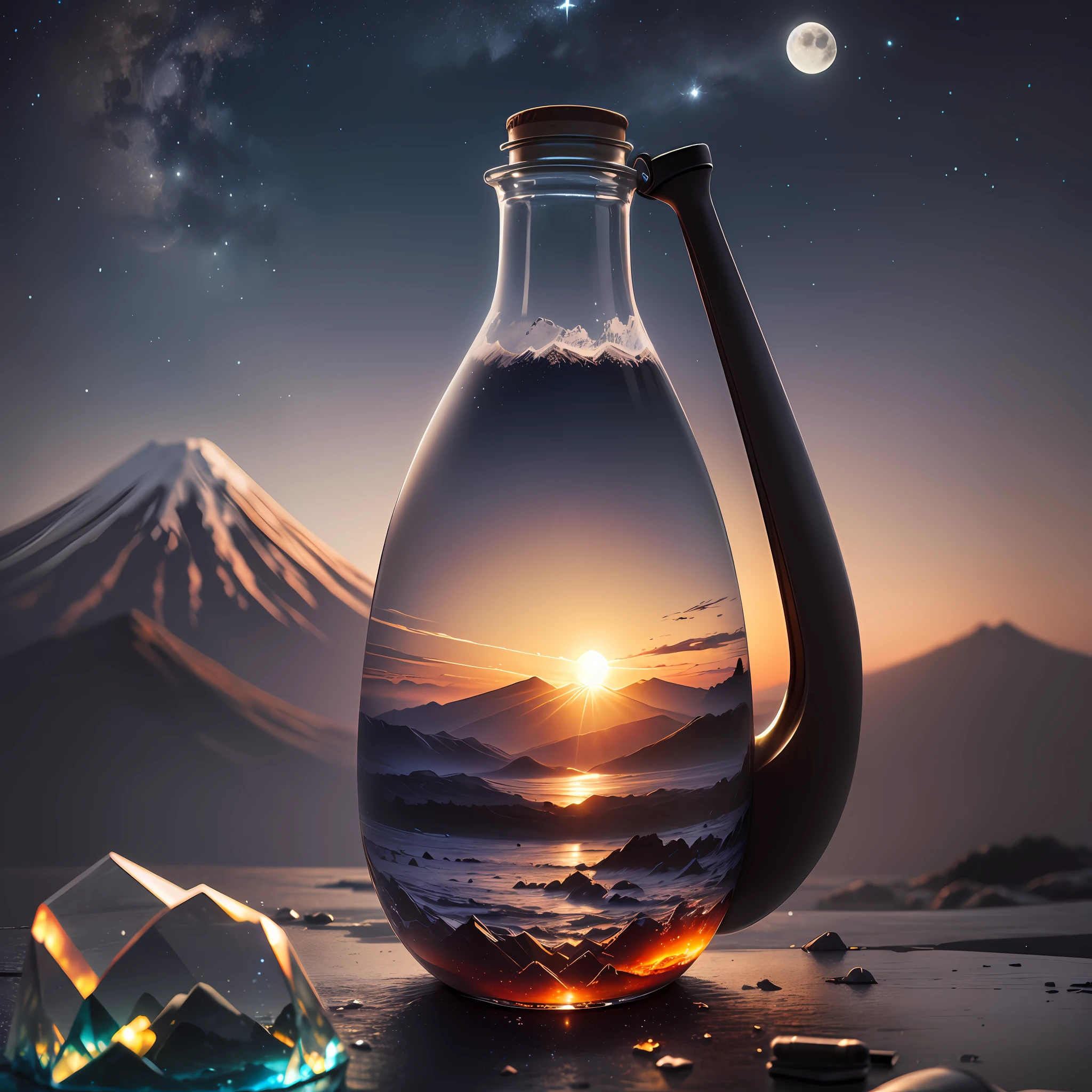 Computer, Extensive landscape ultra photography (general view showing glass bottle, glass bottle, inside, moon, ice, glass, sunrise, volcano), blurred background, gloomy, magic