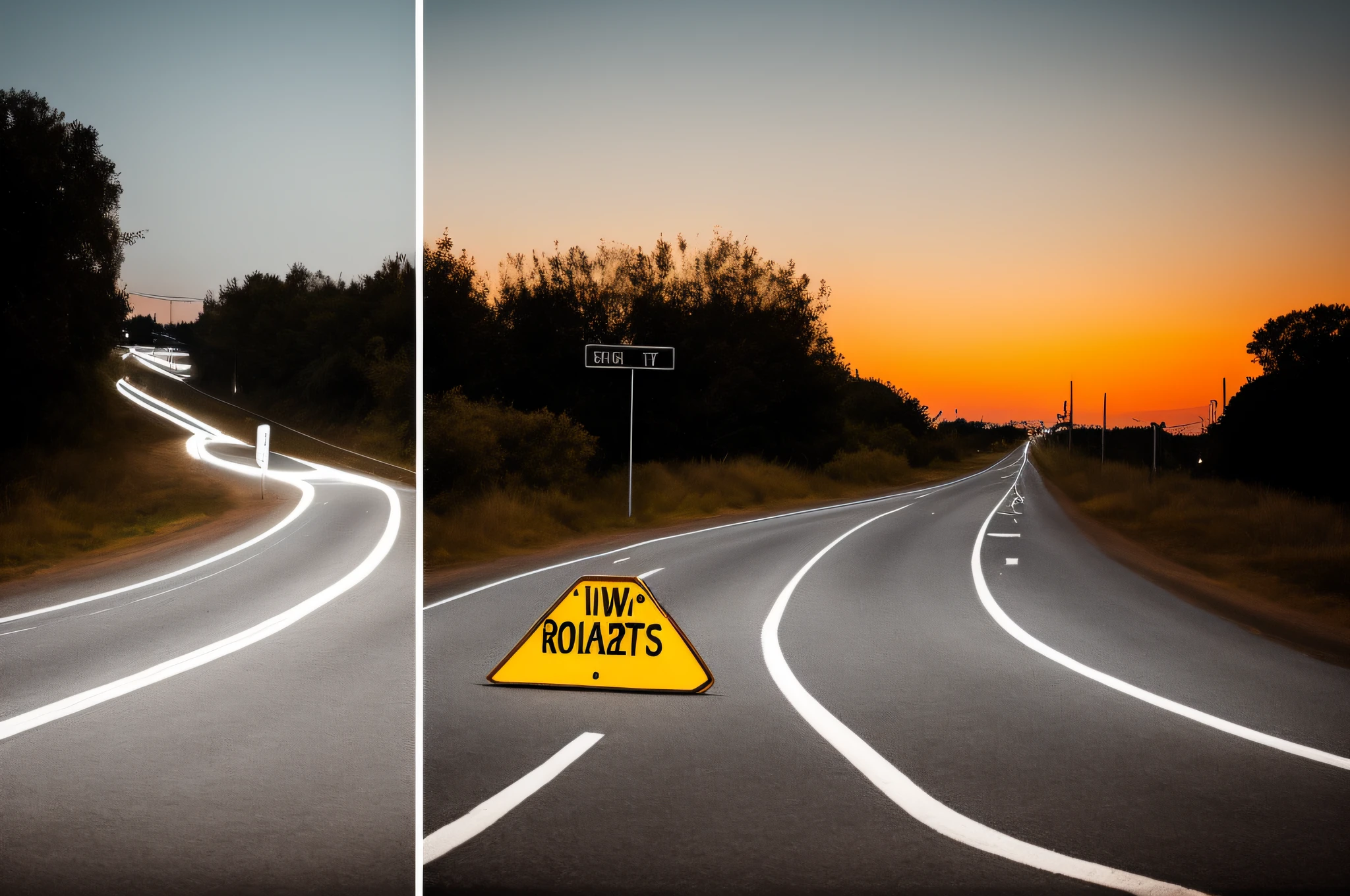 Two roads next to each other, one full of lights around, the other road all dark and full of potholes, and between them two signs, one pointing to one road and the other pointing to the other