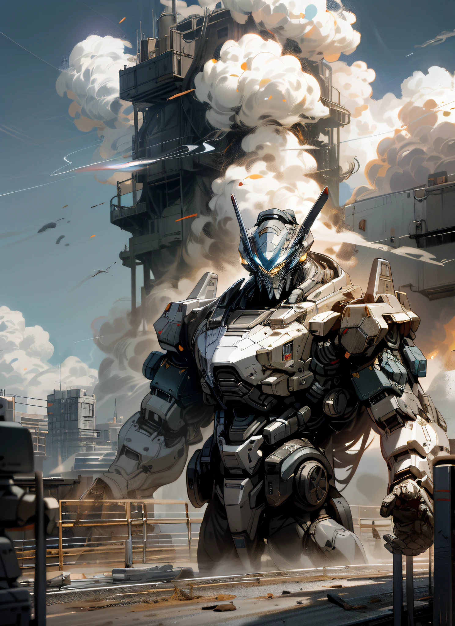 Hyper-realistic, futuristic battlefield, sunny day, huge tank, perfect skyline, light and shadow, smoke, 2 huge structures, robots and human warriors moving in parallel.