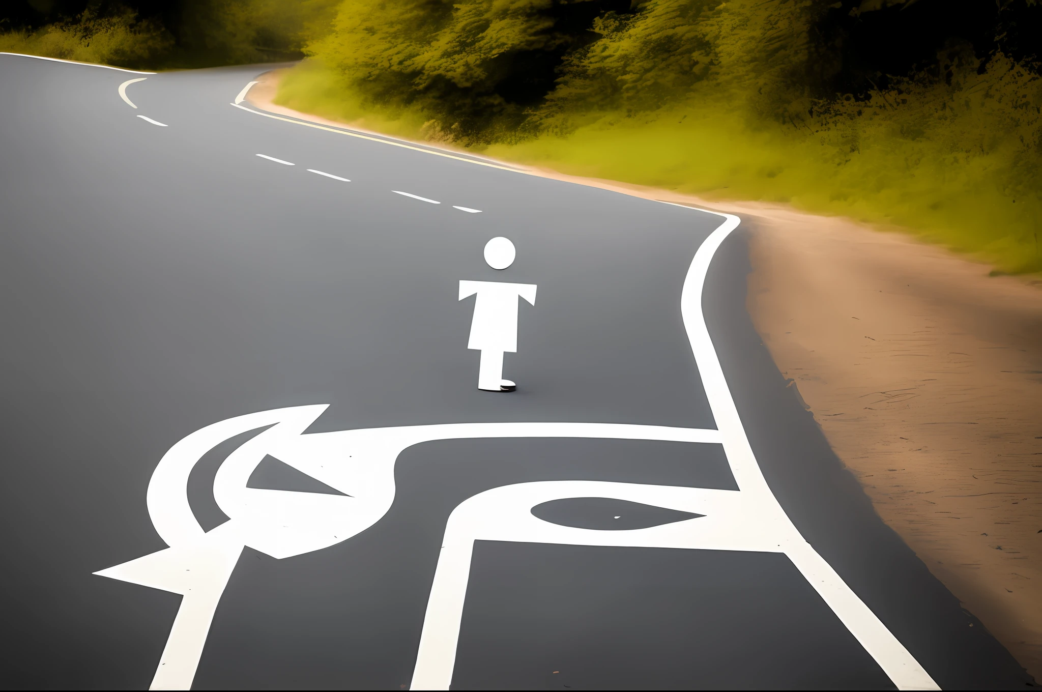 An open book, written map, a person drawn inside the book following a path, and two signs on the road indicating one way up and one way down, and on top of and on the left side a large illuminated lamp