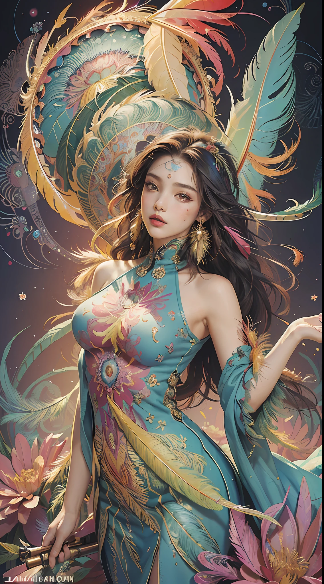 (masterpiece, top quality, best quality, official art, beautiful and aesthetic:1.2), (1girl:1.3), extremely detailed,(fractal art:1.1),(colorful:1.1)(flowers:1.3),highest detailed,(zentangle:1.2), (dynamic pose), (abstract background:1.3), (shiny skin), (many colors:1.4), ,(earrings), (feathers:1.5) , (Flamethrower:1.3),red background,Phoenix dress,