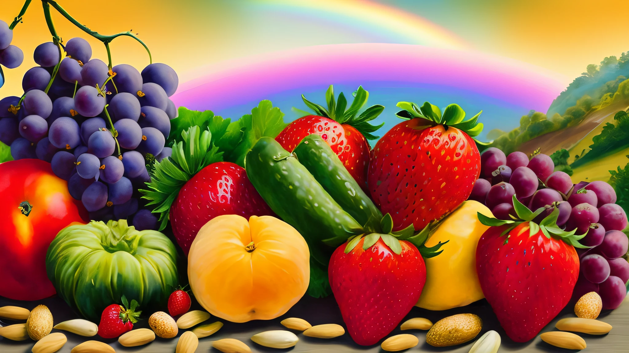 Painting of various vegetables on the mountain, rainbow, grape red beauty, strawberries, peanuts, peaches in the background