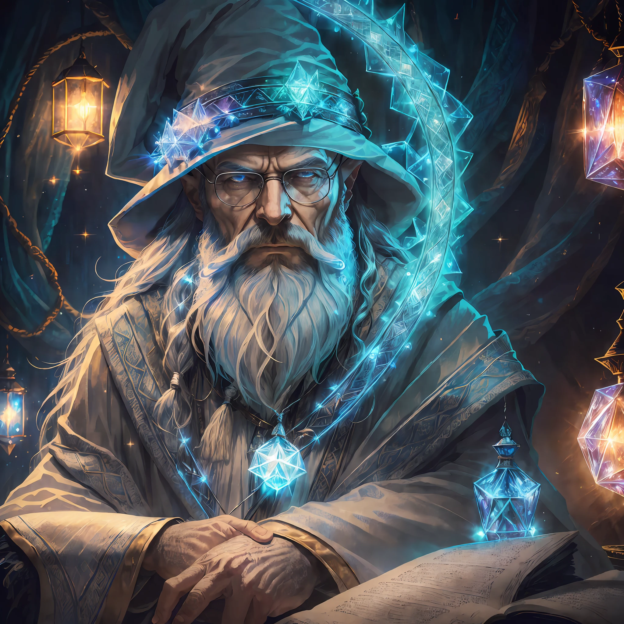 Walter White, (Masterpiece:1.2), (Best Quality), Detailed, UHD, Cinematic Lighting, sharp focus, (illustration:1.1), intricate, Old Wizard with long white hair and beard, wearing a wizard's robe and hat, pondering a blue glowing crystal, in a dimly lit room, magician's room, glowing lights, flickering lights, --auto --s2