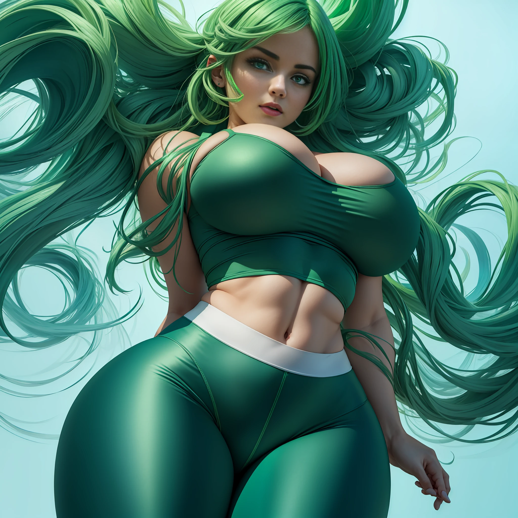 An ultra-detailed 8k masterpiece of better quality and high saturation. The image features an illustration of clothing with a dazzling thick European girl green hair and very large breasts wearing a tight leggings outfit including tight open shirt, F cup, white sneakers and a blue background.