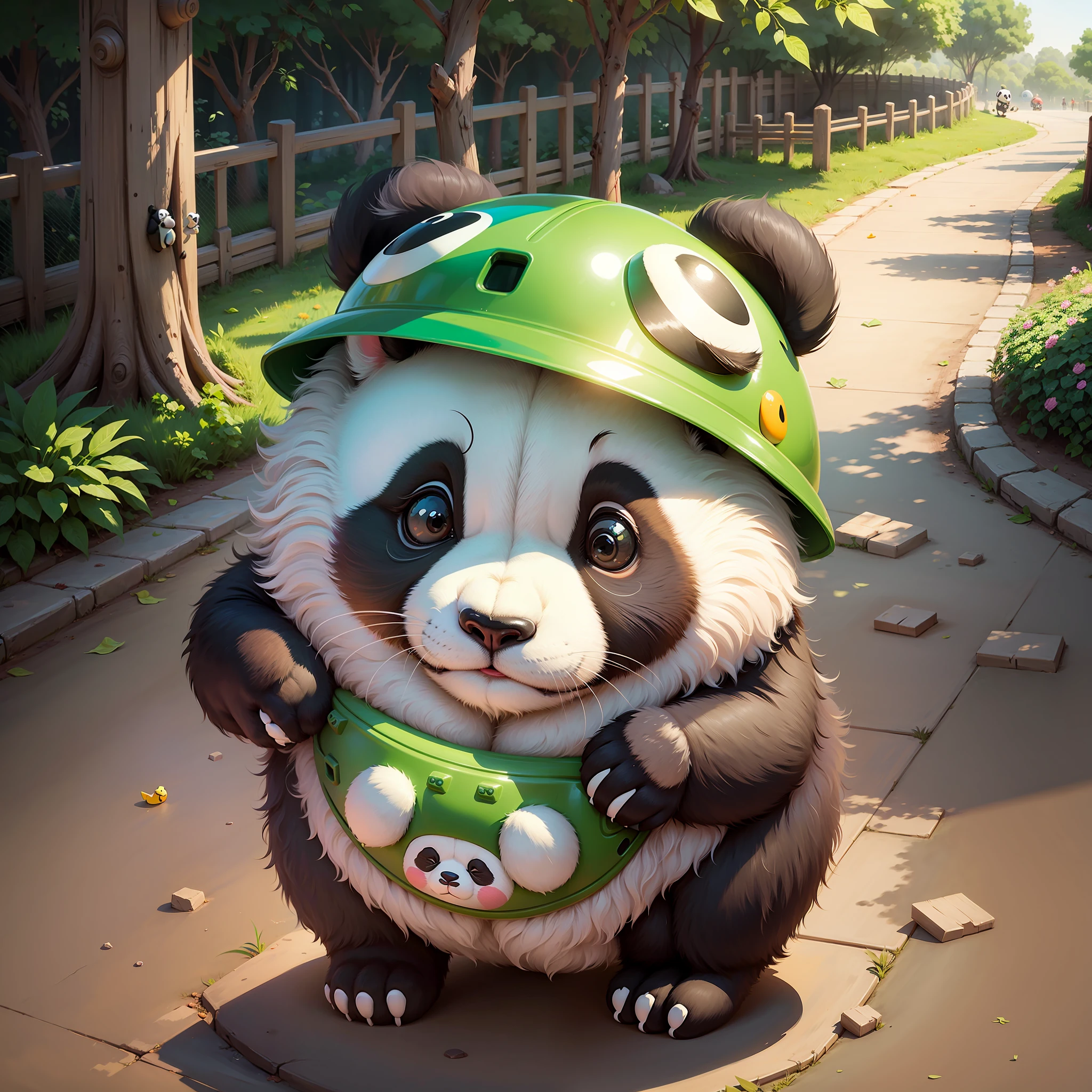 Cute panda in melon helmet at zoo, design Pixar style --auto --v6