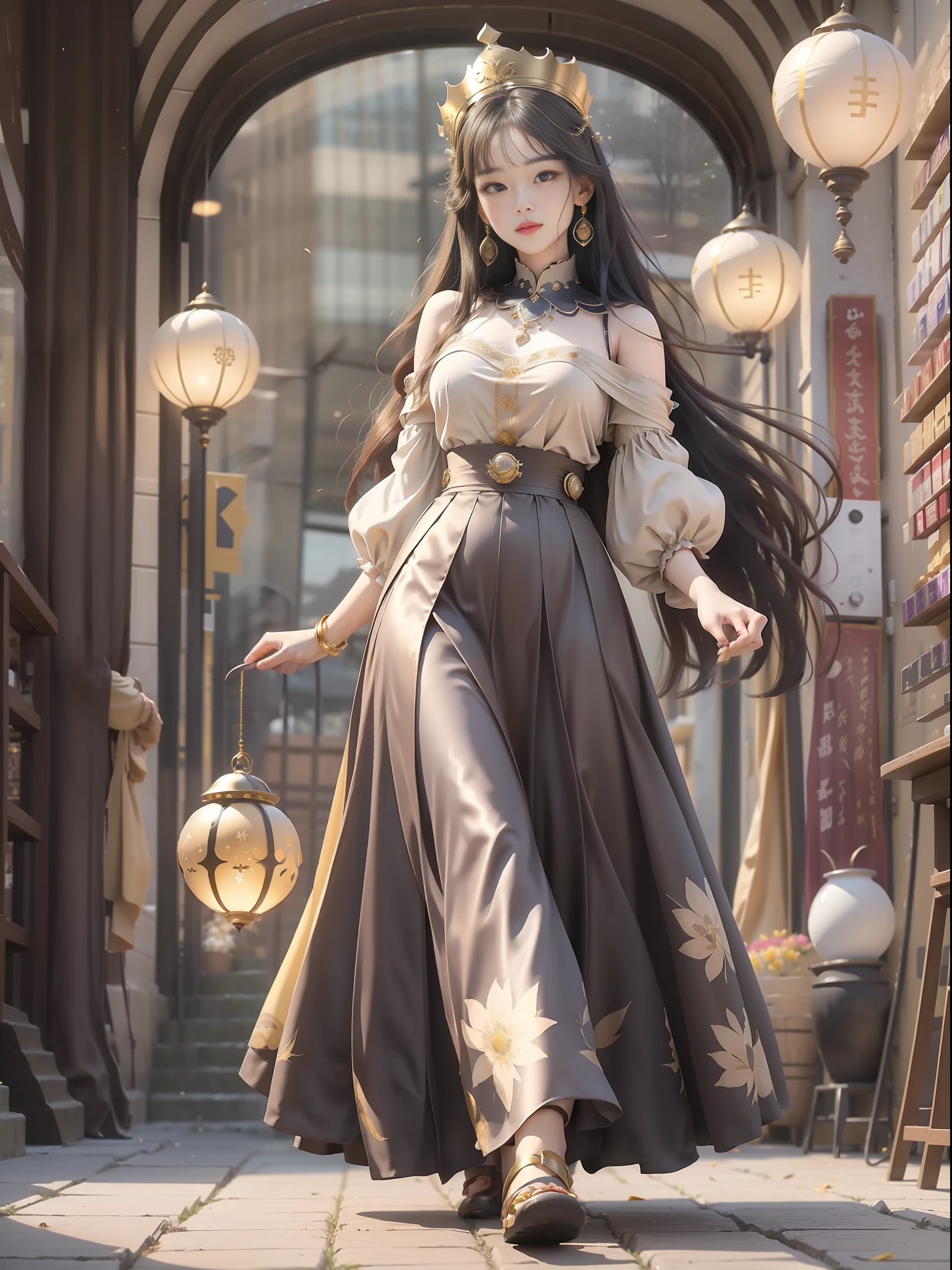 Super long skirt beauty, purple long skirt, mole, face slimming, whole body, there are a lot of gold and silver jewelry on the skirt, skirt to the ground, ancient style, hairpin, golden crown, golden flower, background is magic library, a round of round lights, there are many golden flowers on the lamp, long black hair, 4K, high quality, details, ray tracing, wind, messy, ultra-clear, full moon lantern, perfect face, indoor