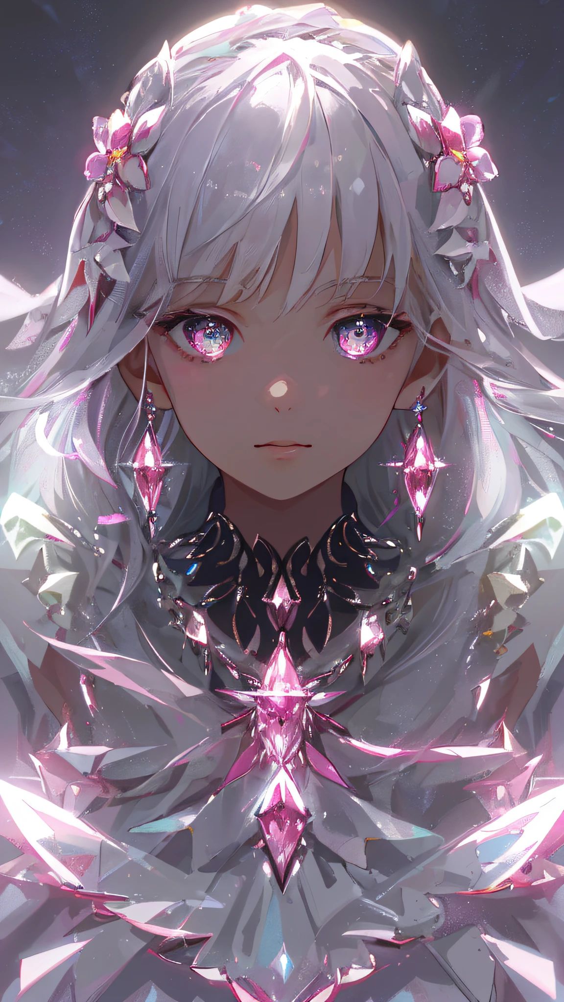 masterpiece, best quality, illustration, flashy pink, platinum earrings, platinum necklace, white dress, 1girl, cute, (dynamic lighting:1.2), cinematic lighting, delicate facial features, detailed eyes, sharp pupils, realistic pupils, depth of field, bokeh, sharp focus, (hyper-detailed, bloom, glow:1.4), many small gems