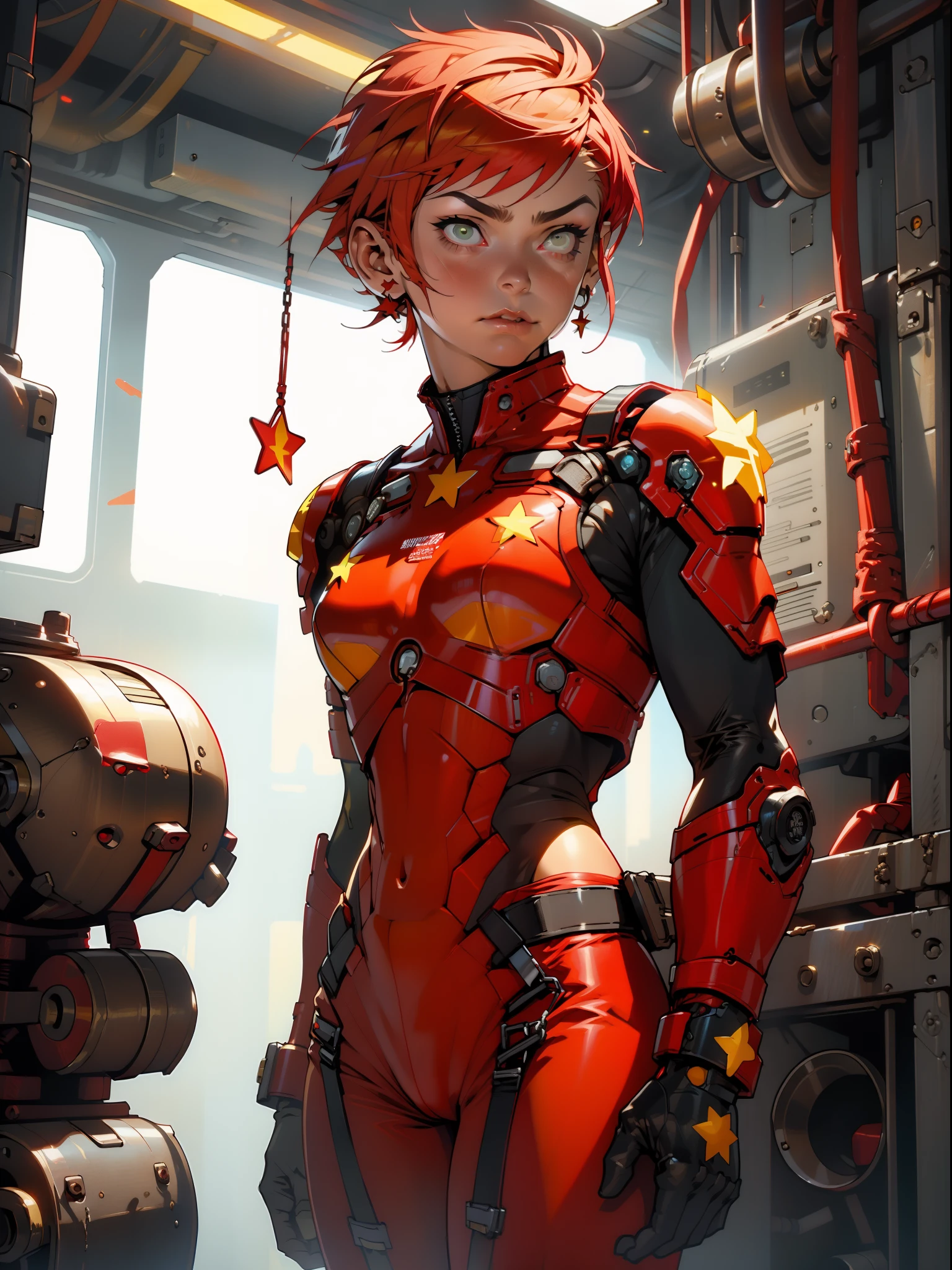 (((woman))), (((nnlnnx))), (((short hair))), A nearly naked muscular 35-year-old Russian warrior woman in the Simon Bisley style for the cover of Heavy Metal magazine, ((((tiny red thong))), super short copper-colored hair, Minimum clothing, worn metal armor, ((((red outfit with yellow stars))), (((short-cut))), ((Annie Lennox)), inside a spaceship, cyberpunk, tight suits, bio mechanical suit,