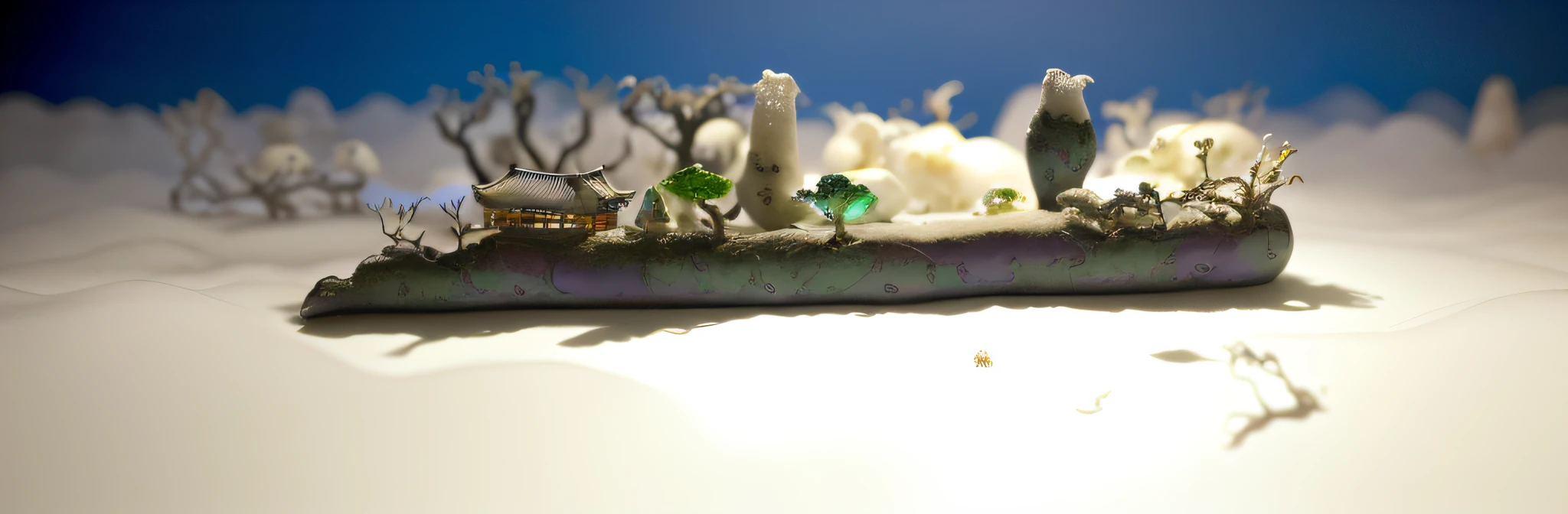 A few 3,000-year-old Asian dwellings, ethereal twisted and weird old plum trees, diorama macro photography, lying in a white cloud wonderland, liquid clouds, emitting spore clouds, surreal water art, badly damaged walls, glowing flower-shaped clouds, slimy reflections