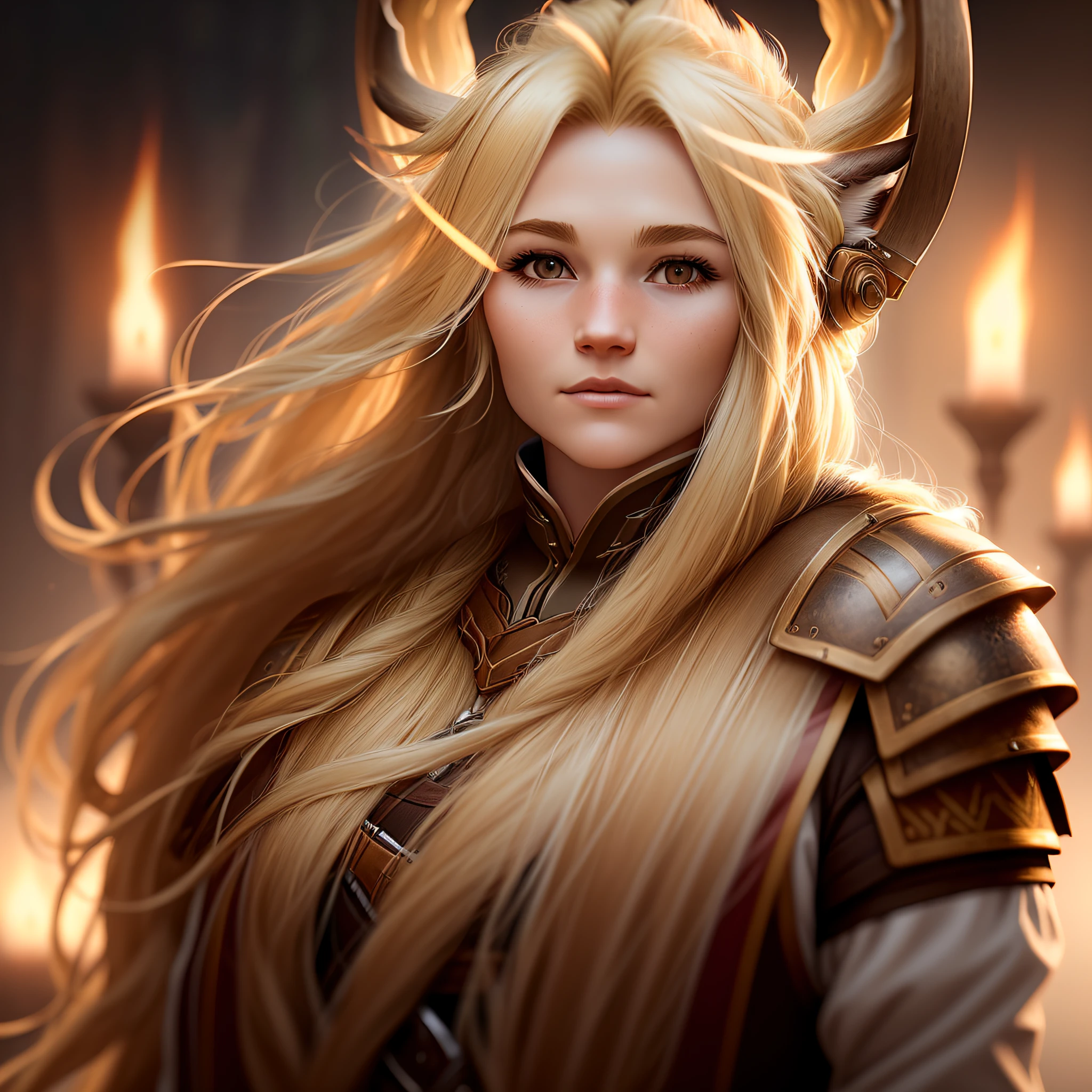 A PORTRAIT OF A WARRIOR BLONDE WITH FLOWING HAIR AND DEER HORNS, 8K CINEMATIC, OCTANE RENDER, UNREAL ENGINE